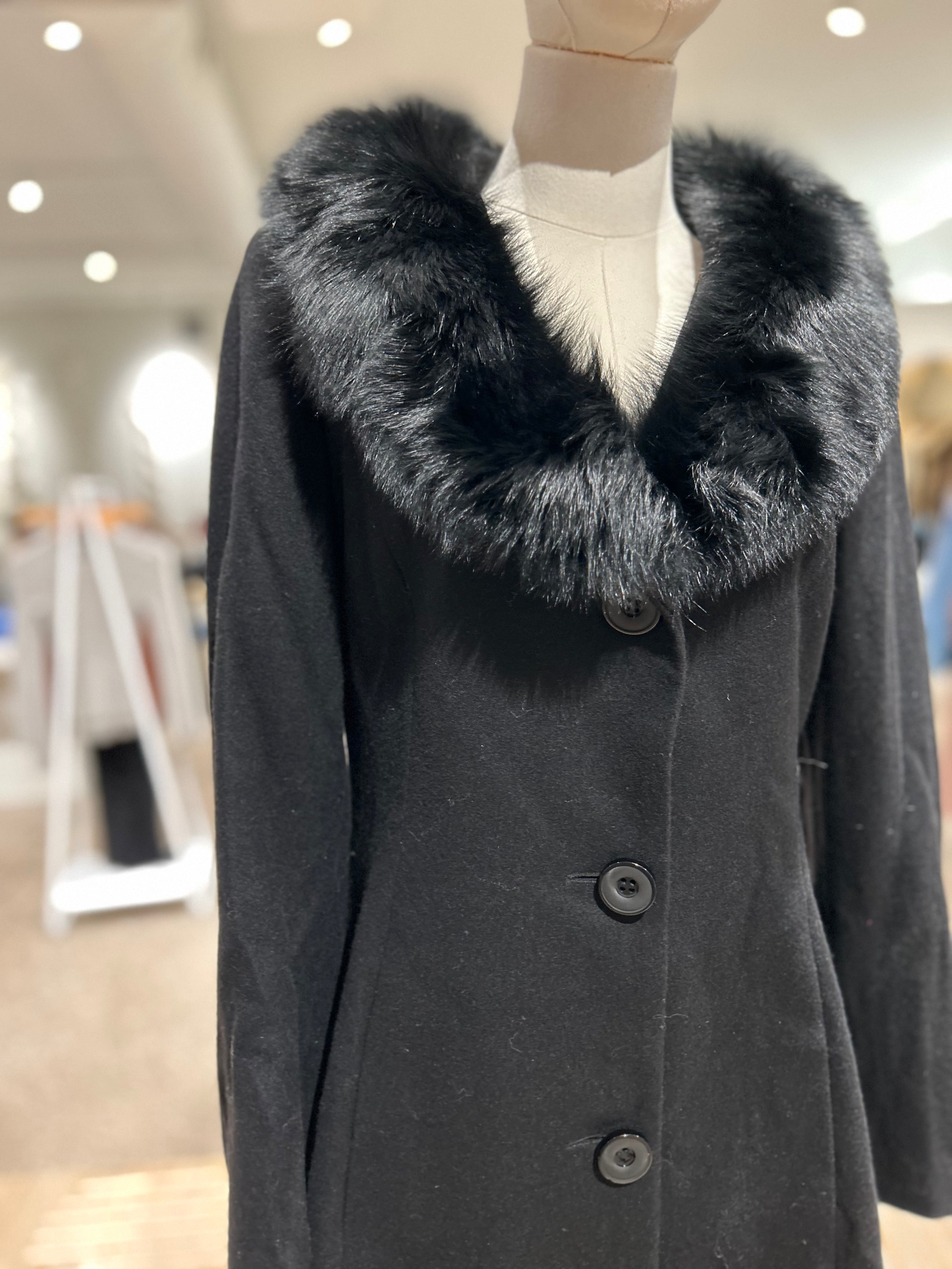 Paris Flea Market #85 Black Dress Coat with Fur Collar