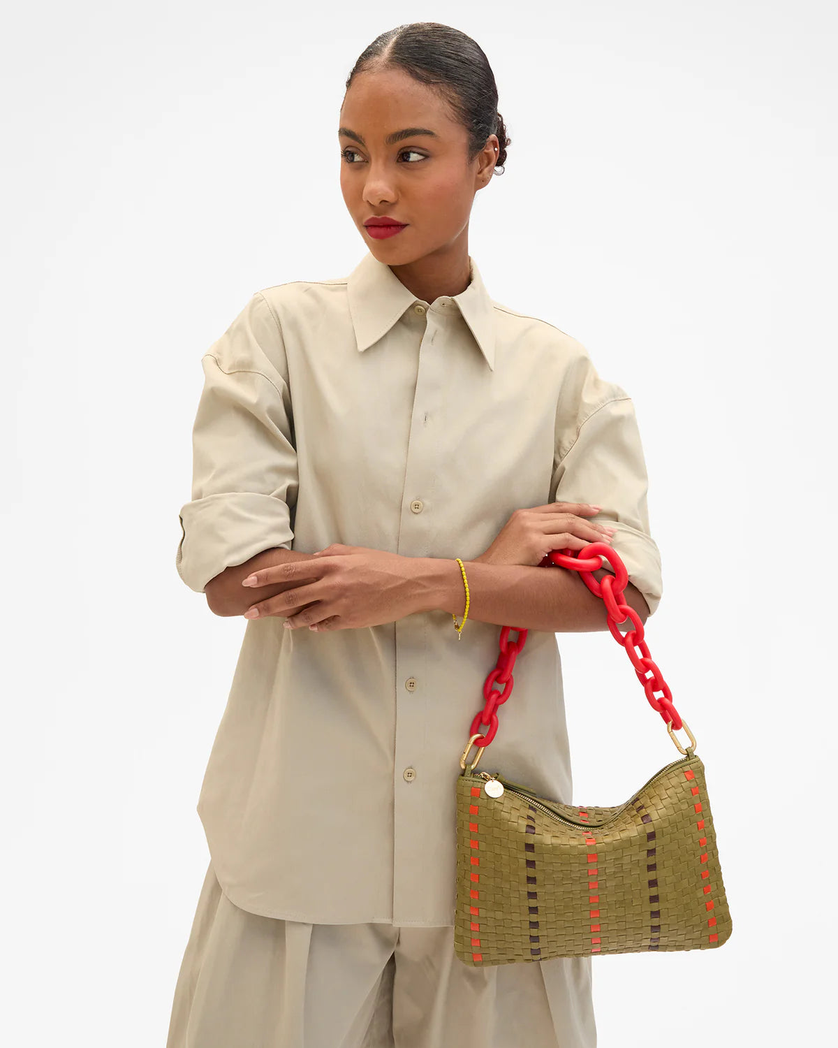 Clare V. Flat Clutch w/ Tabs Canvas Stripe CVS1001196