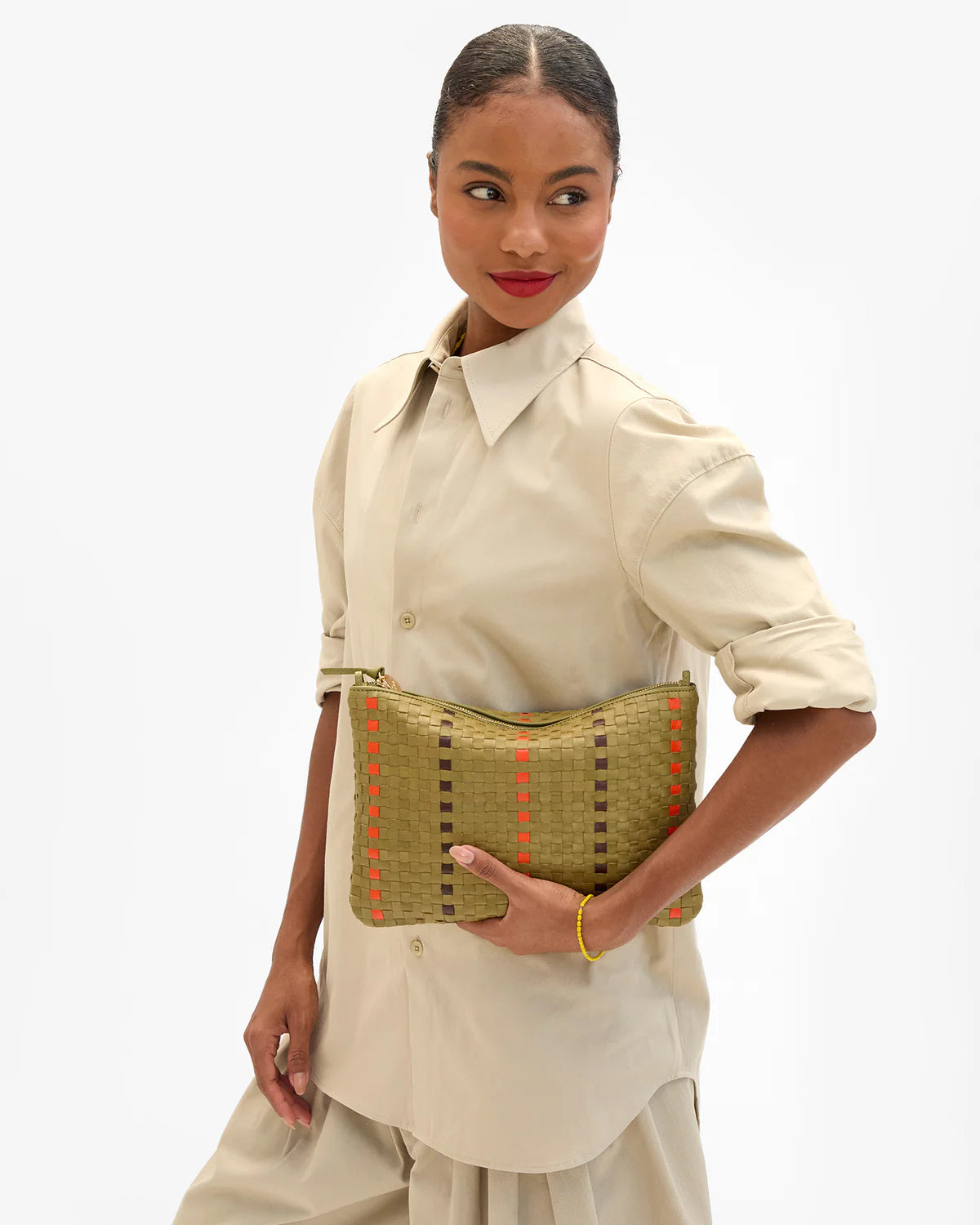 Clare V. Flat Clutch w/ Tabs Canvas Stripe CVS1001196
