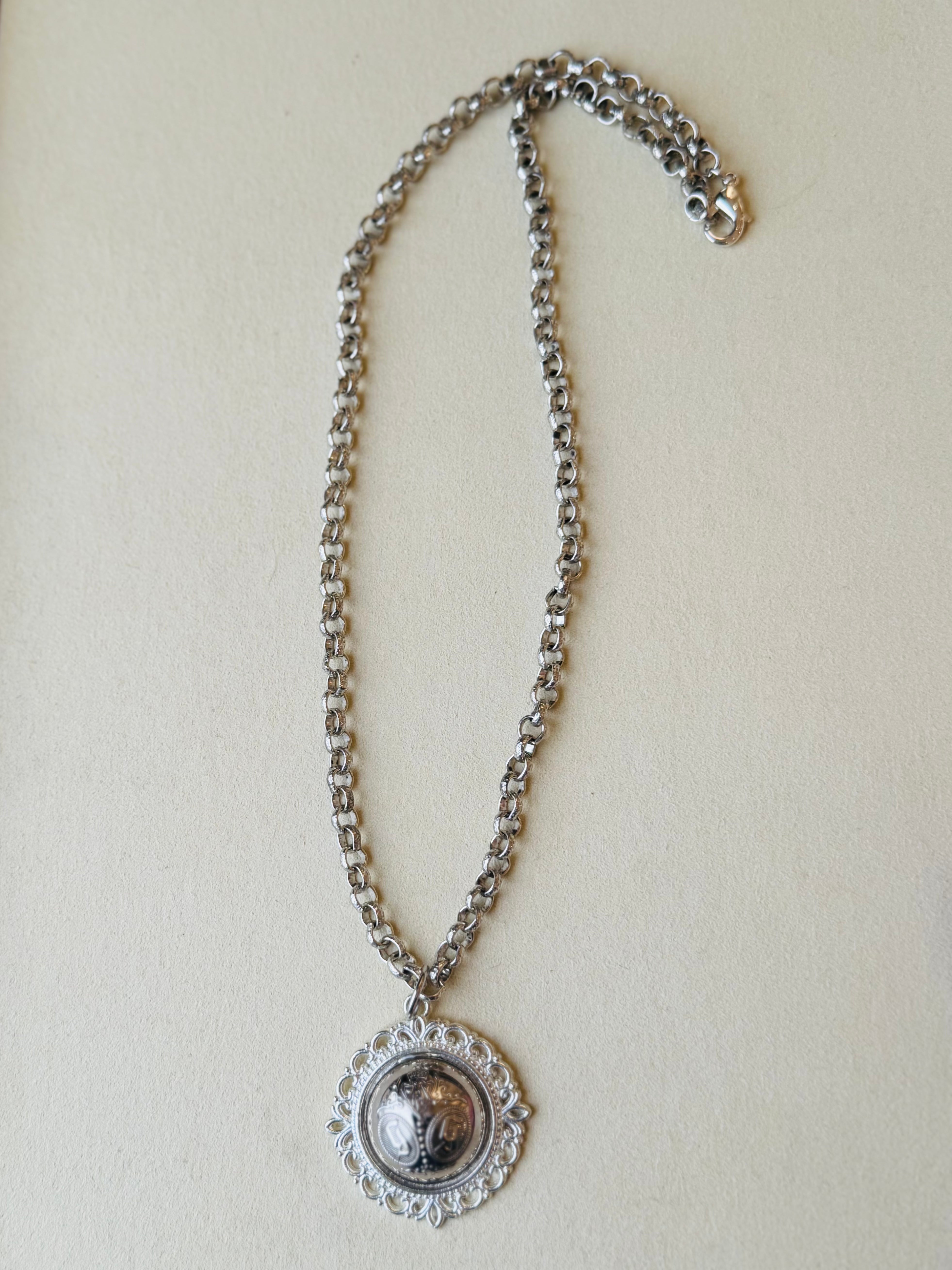 Julie Kreamer Silver Circular Interlocking Chain/ Large Silver G  Dome Flourish Medallion N#24