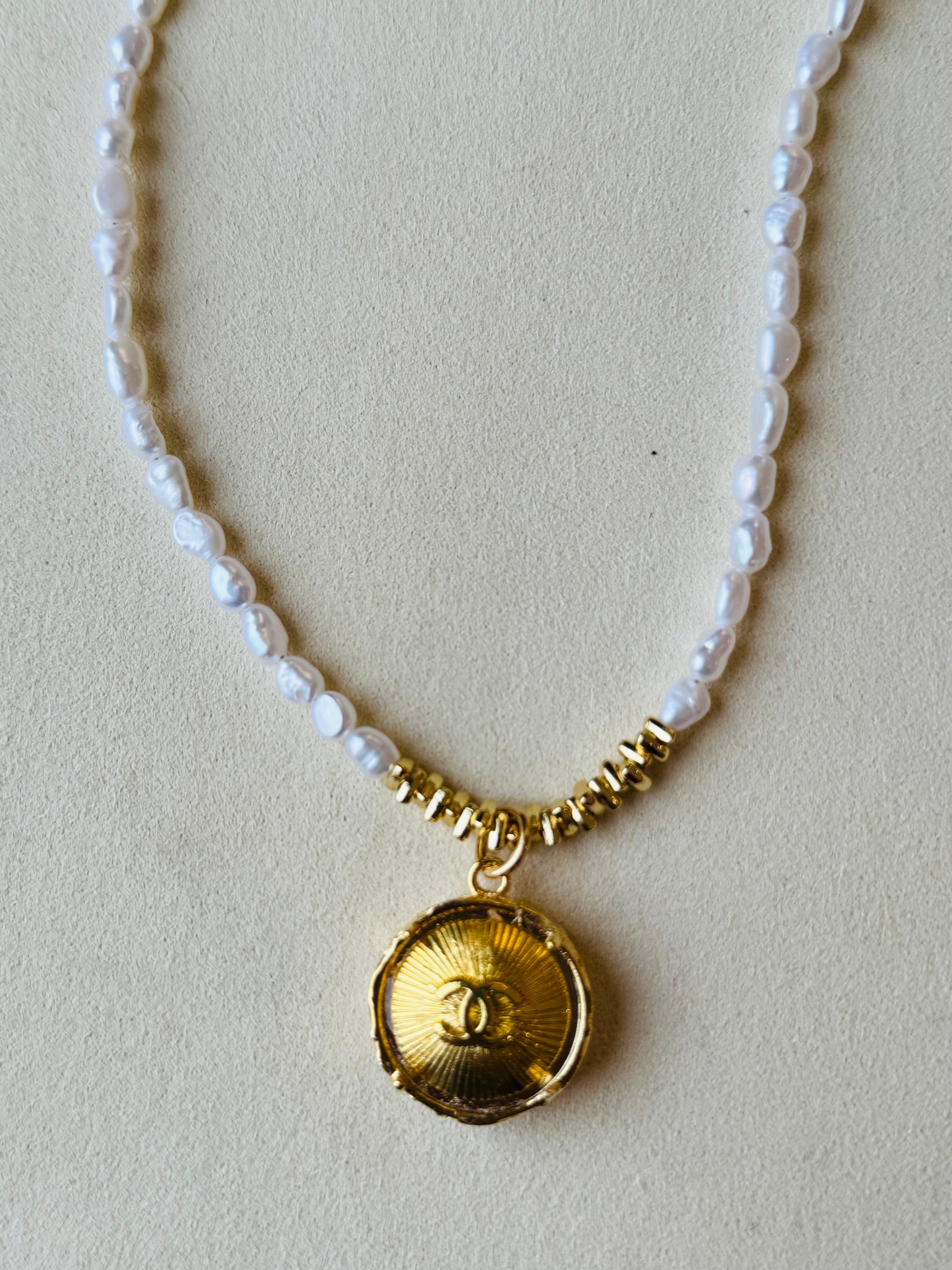 Julie Kreamer Classic Upcycled Gold Etched CC Pearl Necklace N#31