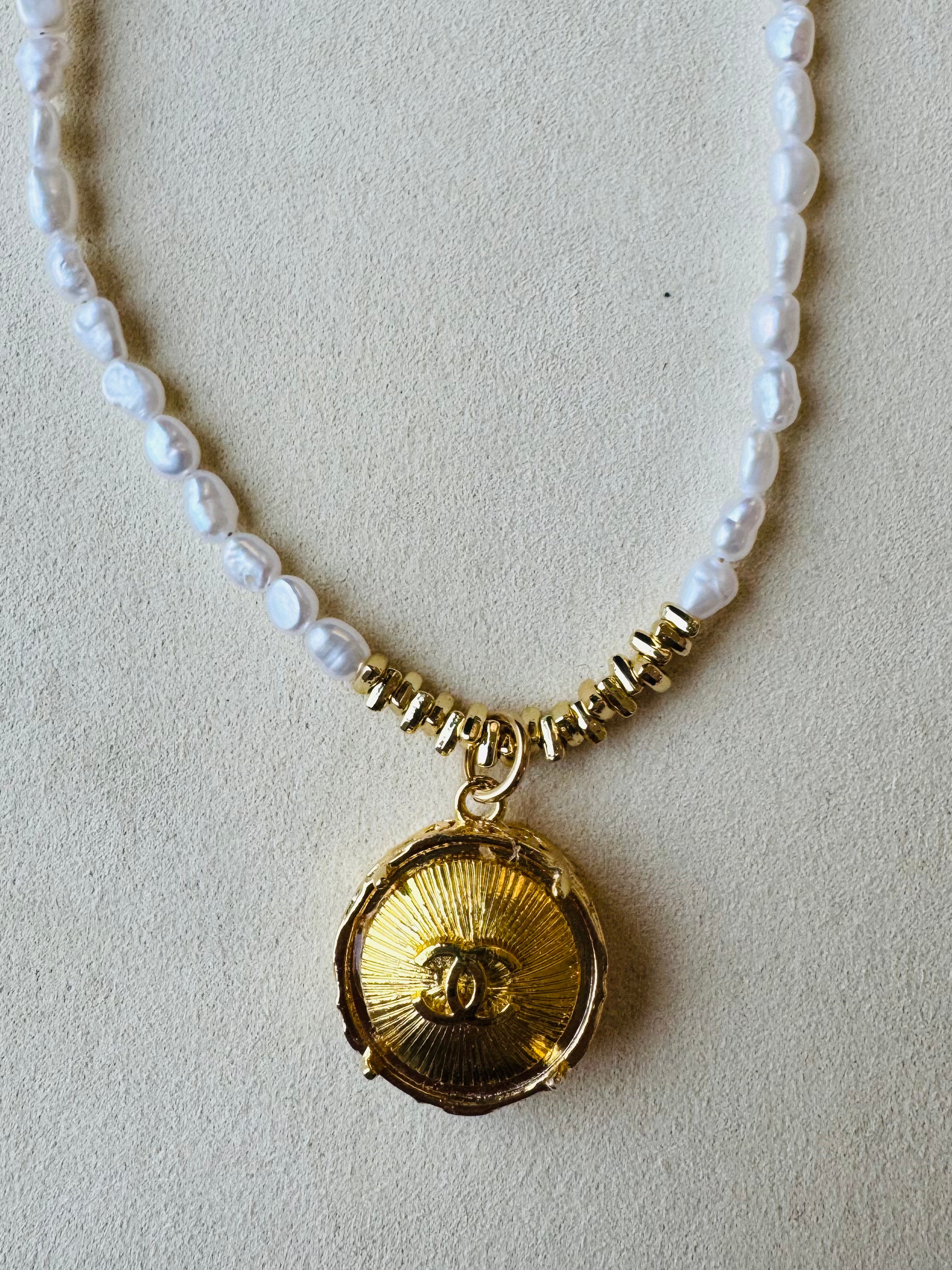 Julie Kreamer Classic Upcycled Gold Etched CC Pearl Necklace N#31