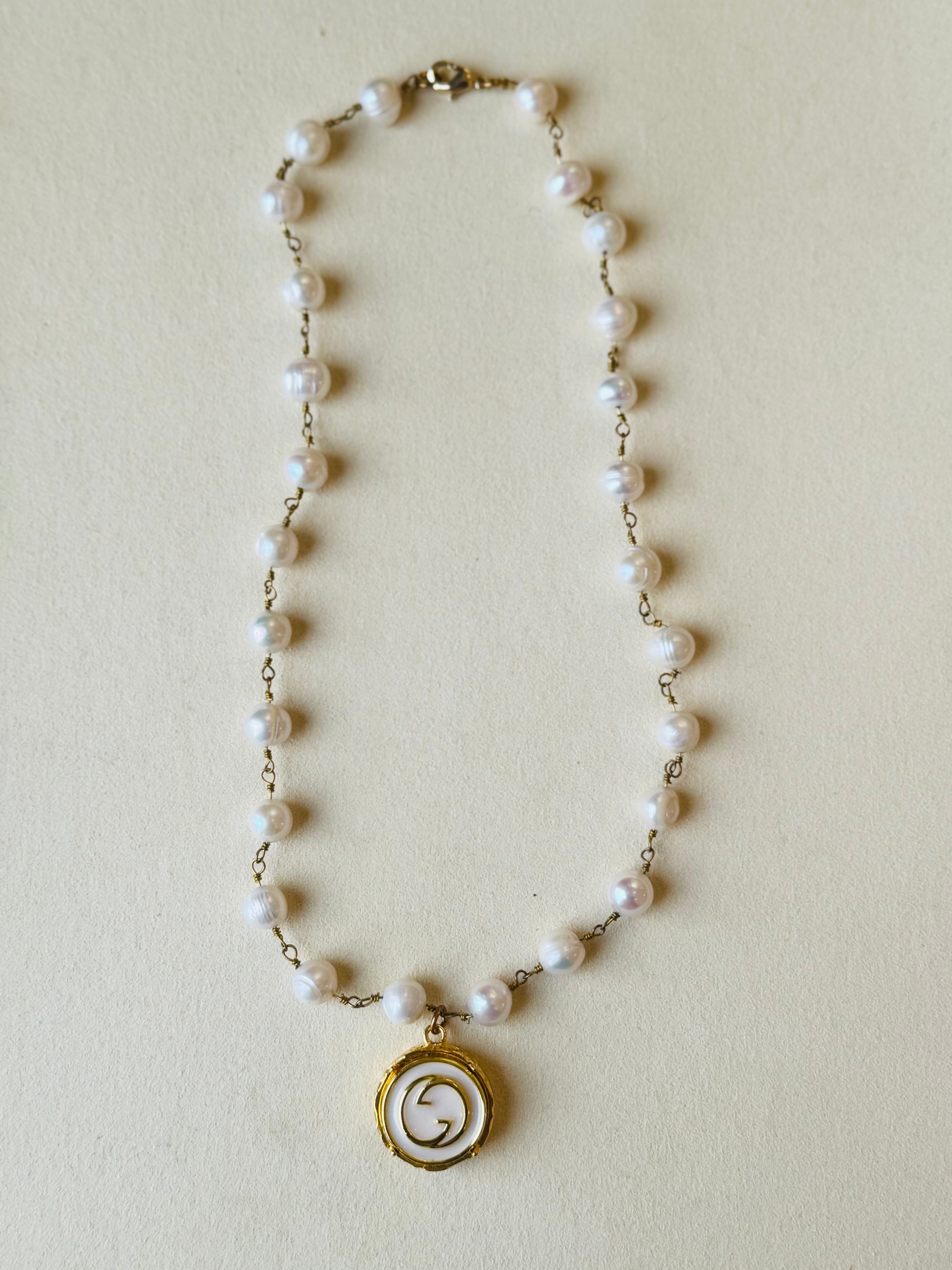 Julie Kreamer Large Pearl Upcycled Gold/White Enamel GG Necklace N#26