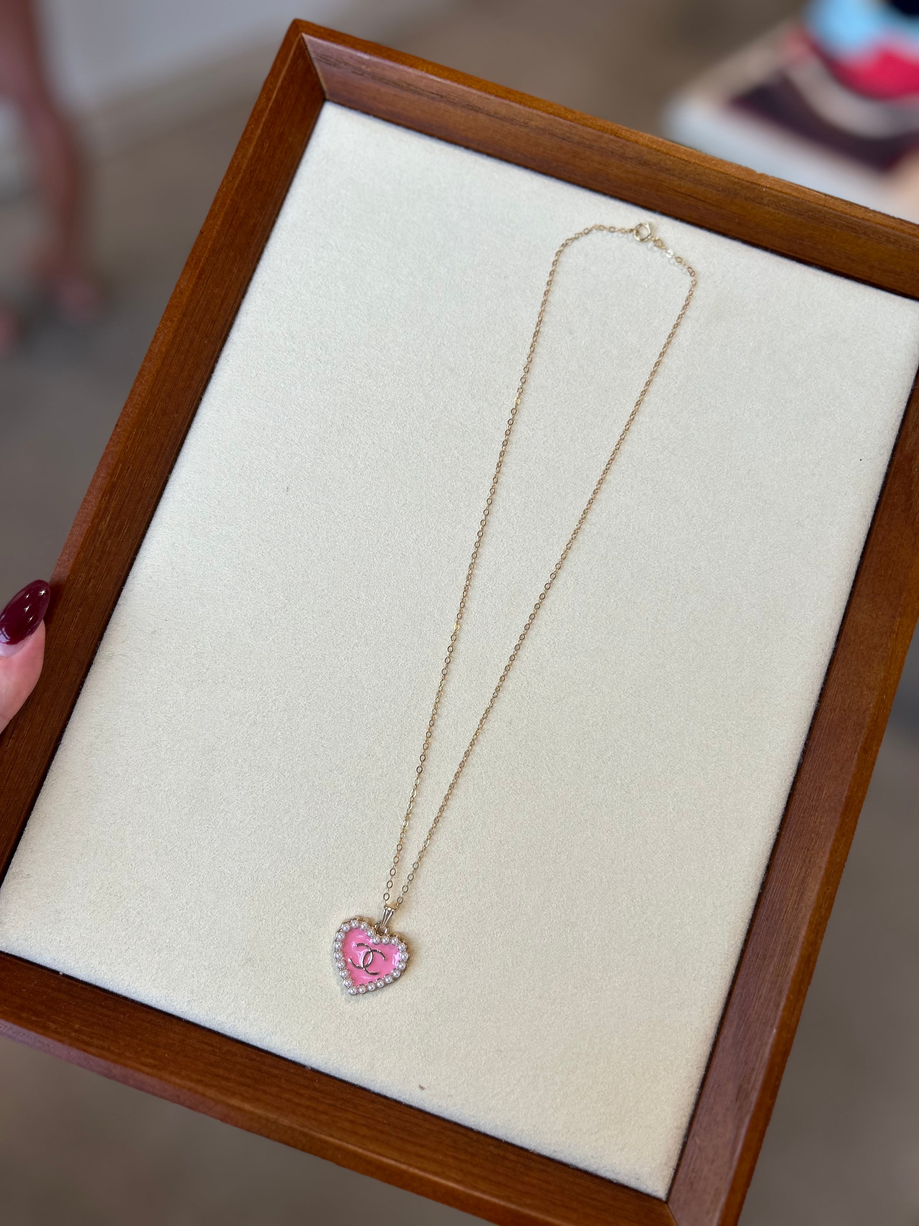 Luxury Upcycled Double "C" Pearl Pink Heart 14k Gold Filled Flat Cable Necklace 1104