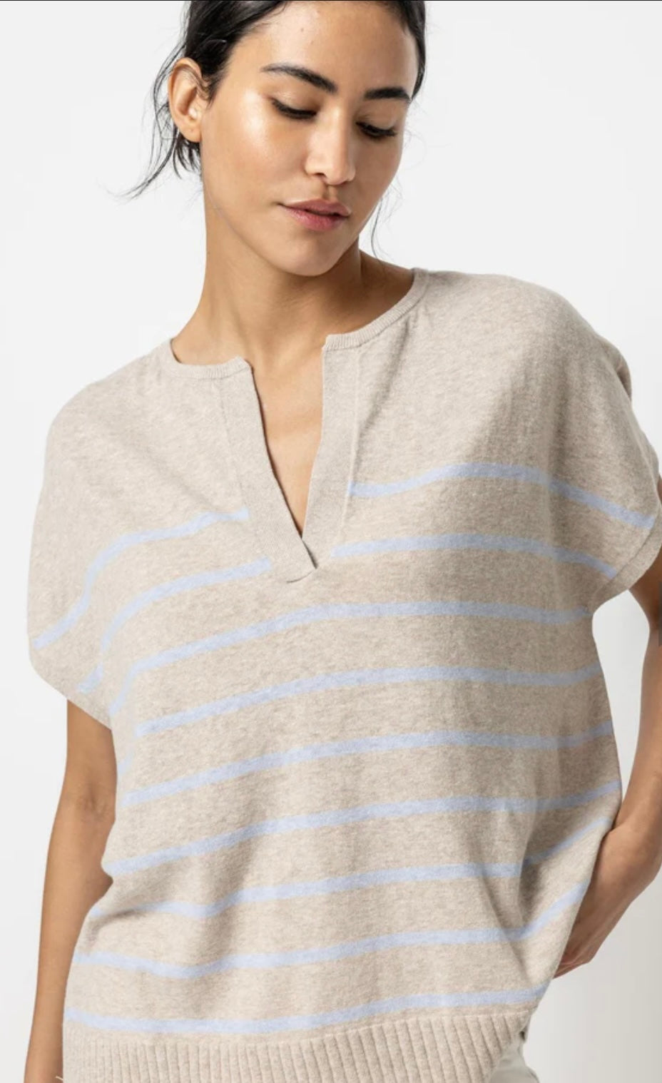 Lilla P Striped Split Neck Tunic Sweater