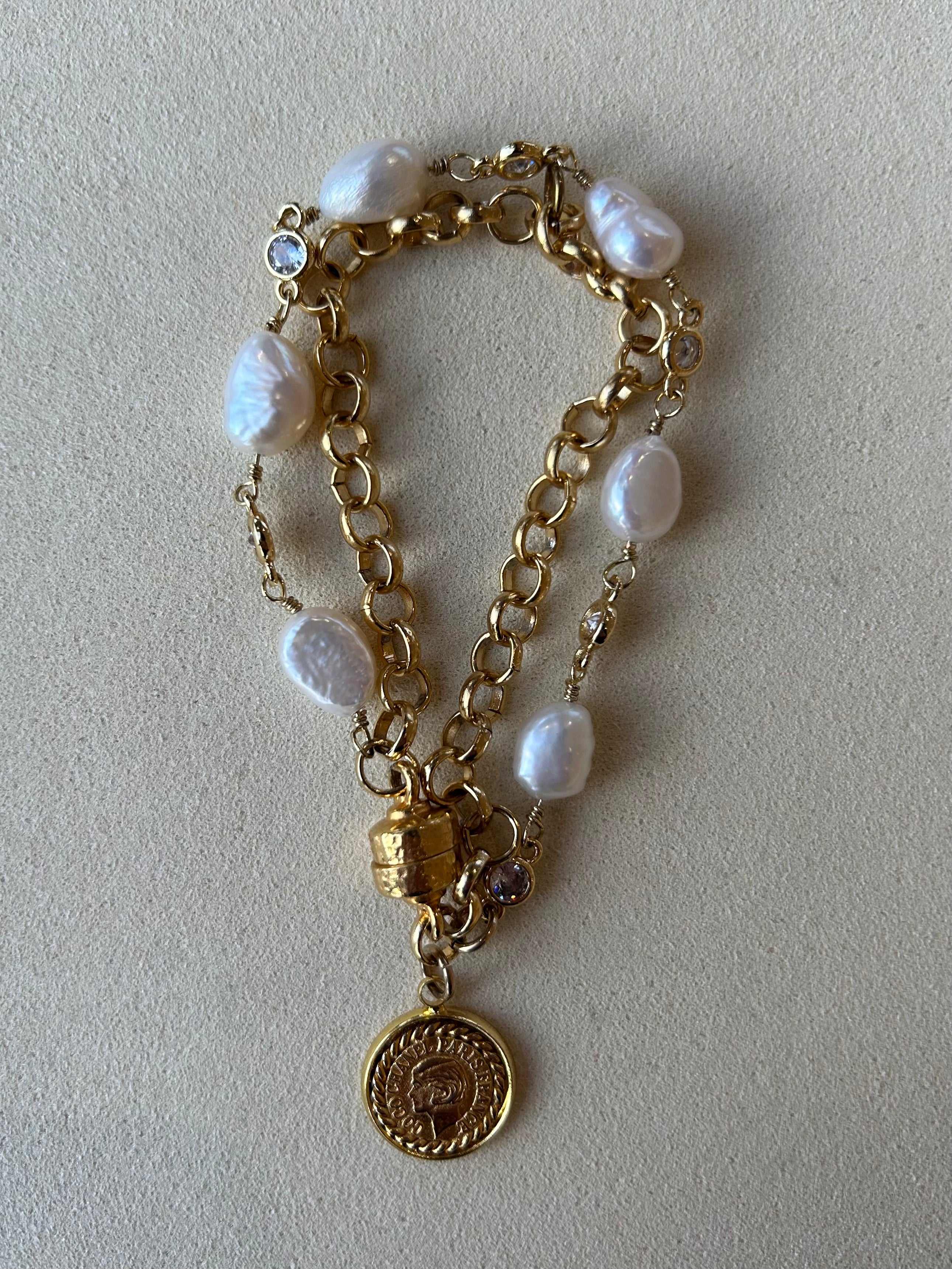 Julie Kreamer Gold Link Mother of Pearl Double Bracelet /Coin Charm B#2