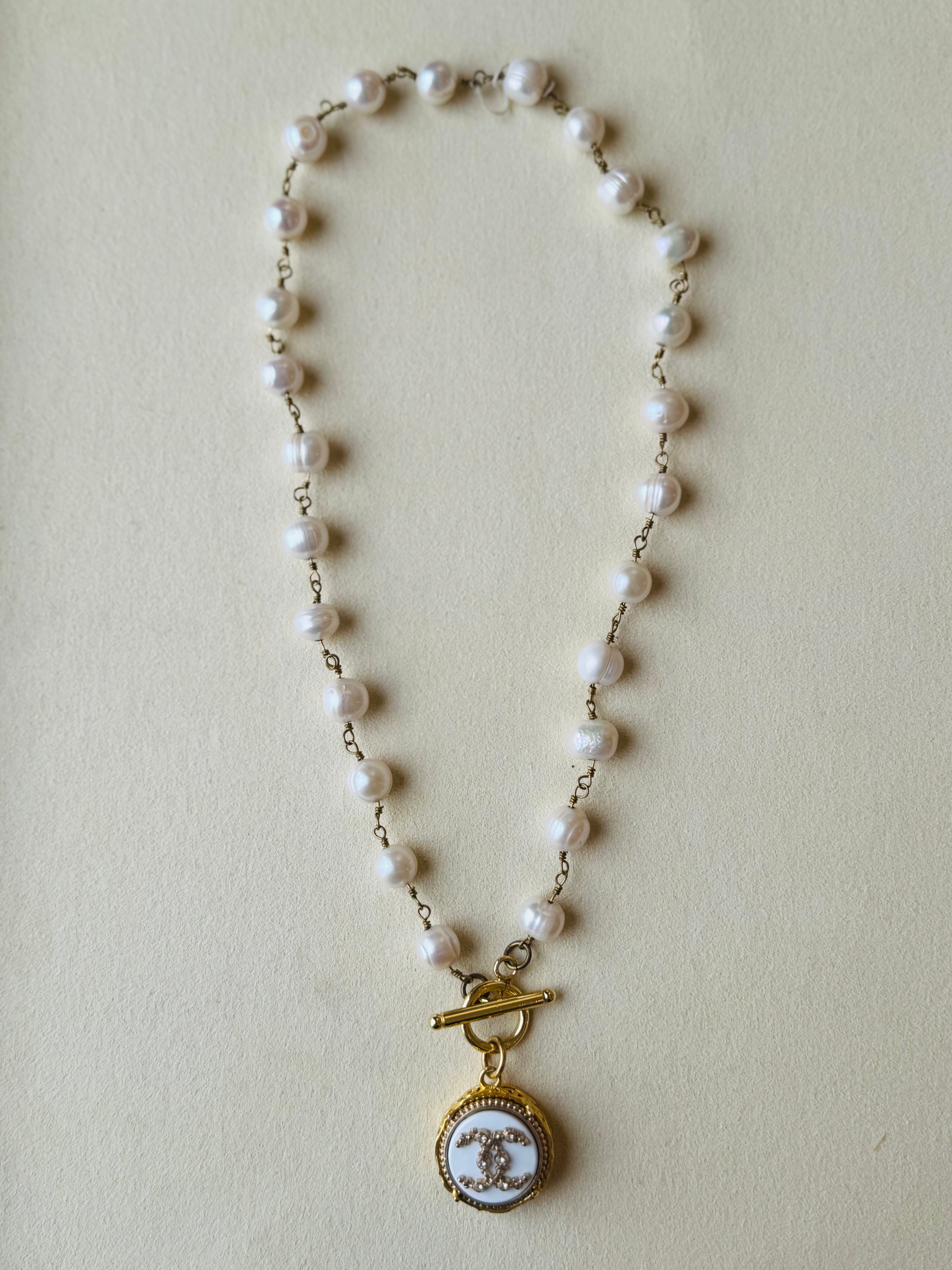 Julie Kreamer Large Pearl Upcycled Toggle CC Pearl Necklace N#29