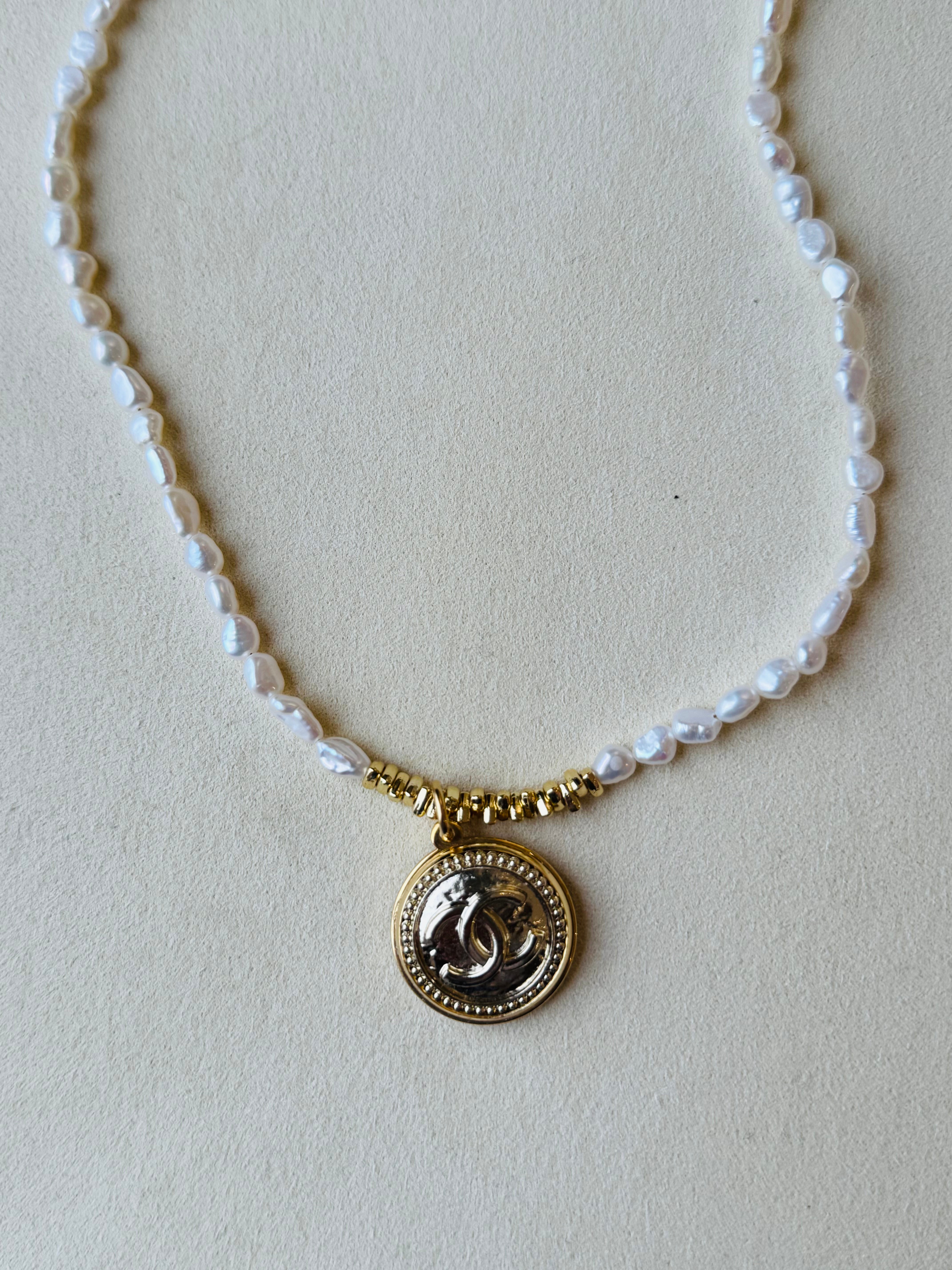 Julie Kreamer Classic Upcycled Gold Silver CC Pearl Necklace N#28