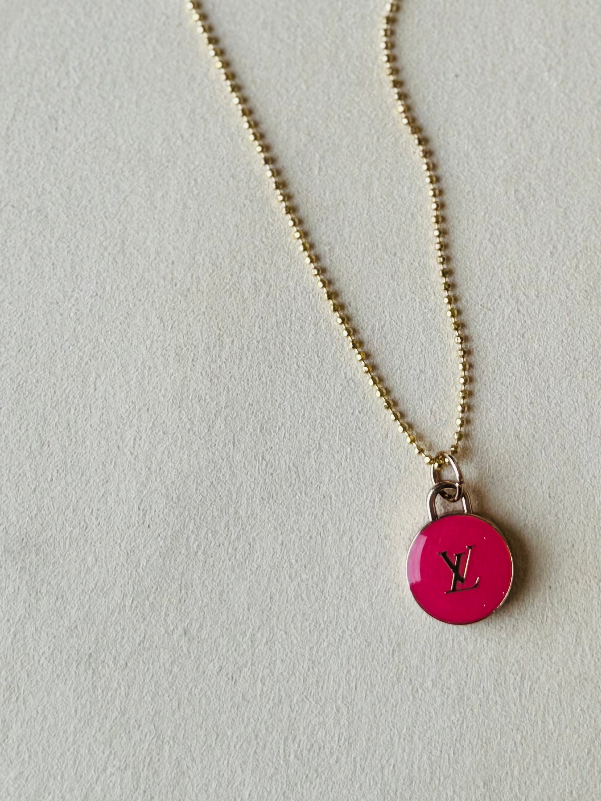 Julie Kreamer Diamond Cut Flat Gold Chain/ Vintage Upcycled LV Pink Charm N#44