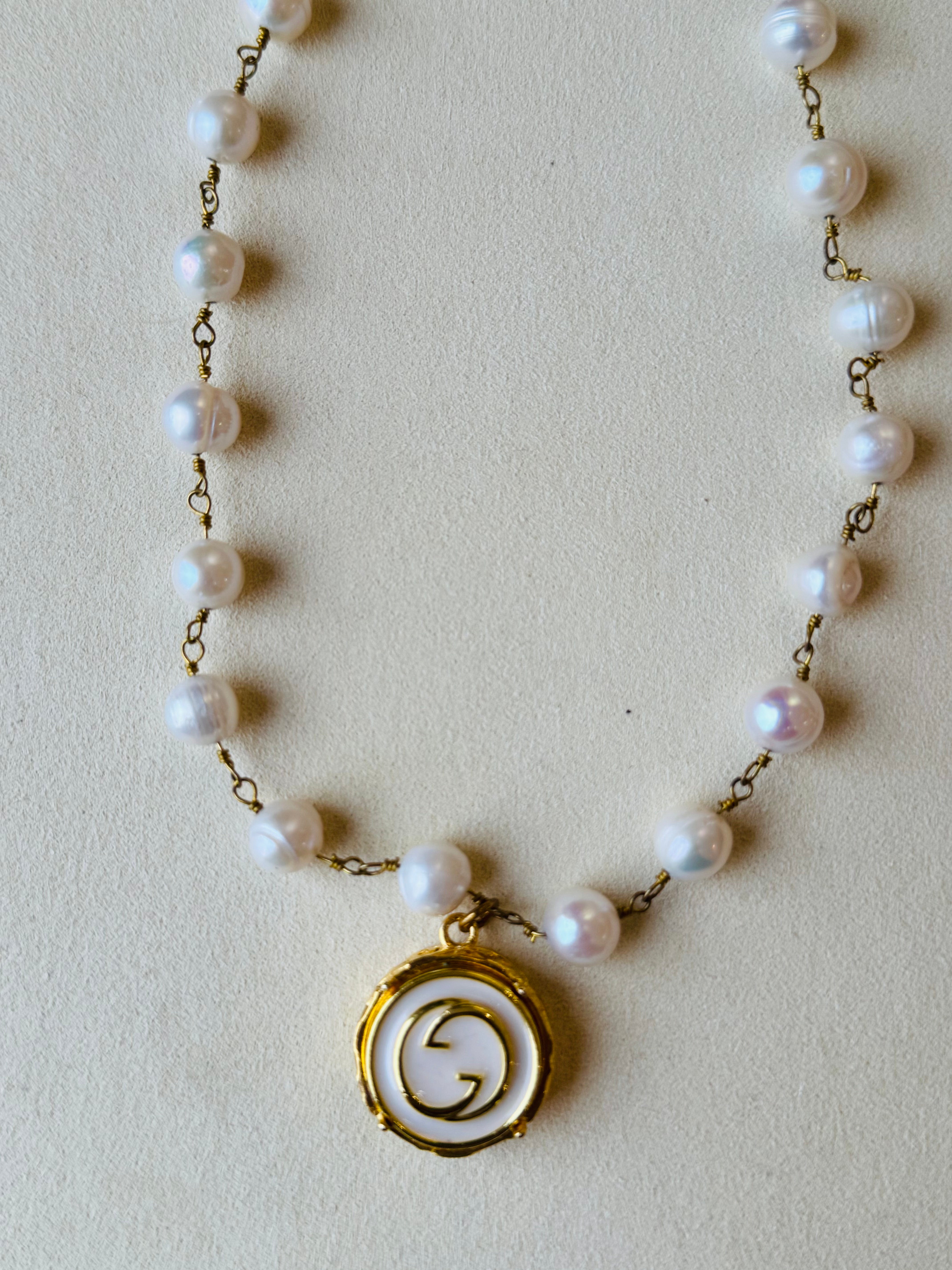 Julie Kreamer Large Pearl Upcycled Gold/White Enamel GG Necklace N#26