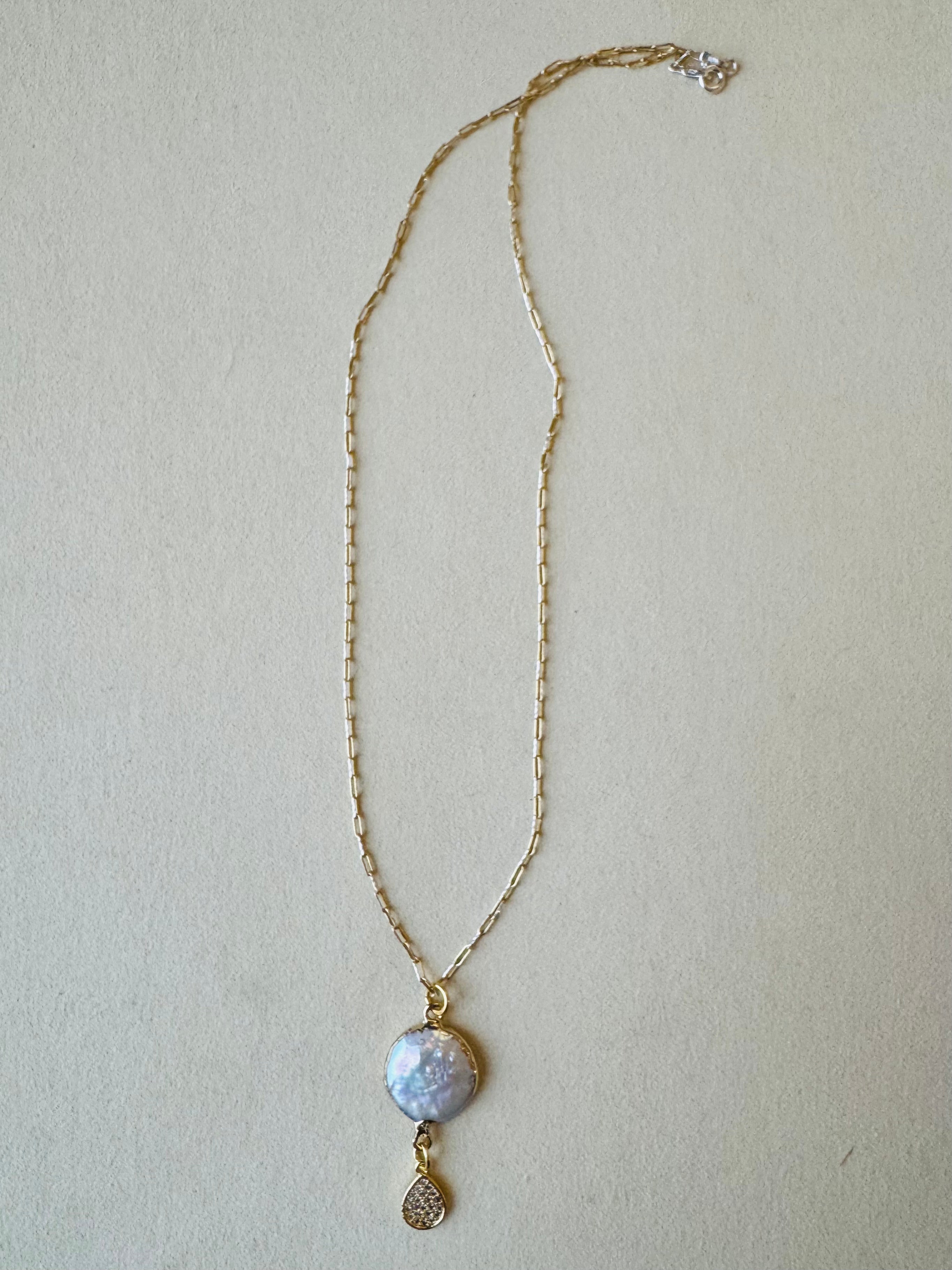 Julie Kreamer Gold Two Tone Chain / Mother of Pearl-Pavé Droplet N#34