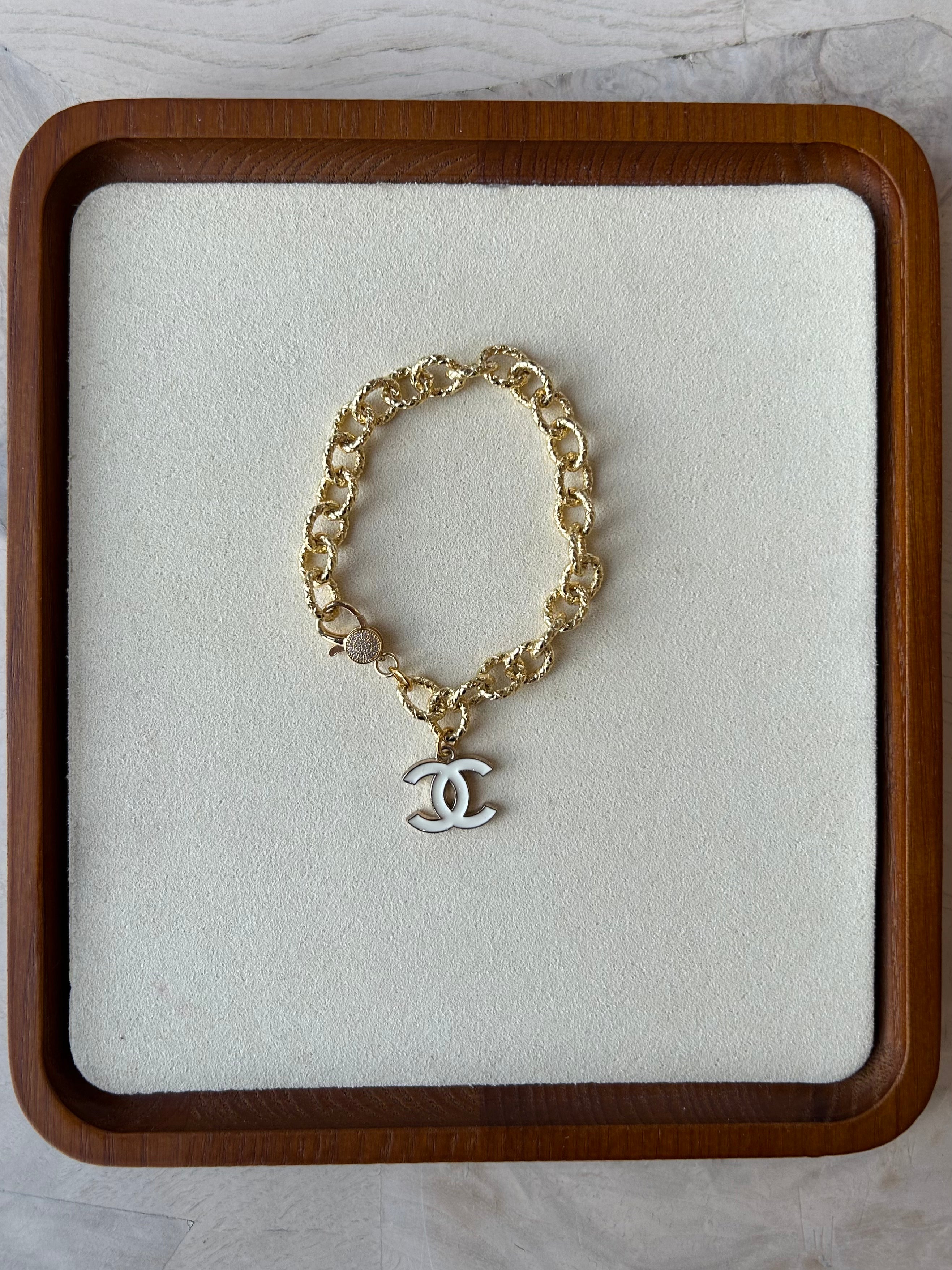 Julie Kreamer Gold Chain Link Bracelet /White Charm B#6