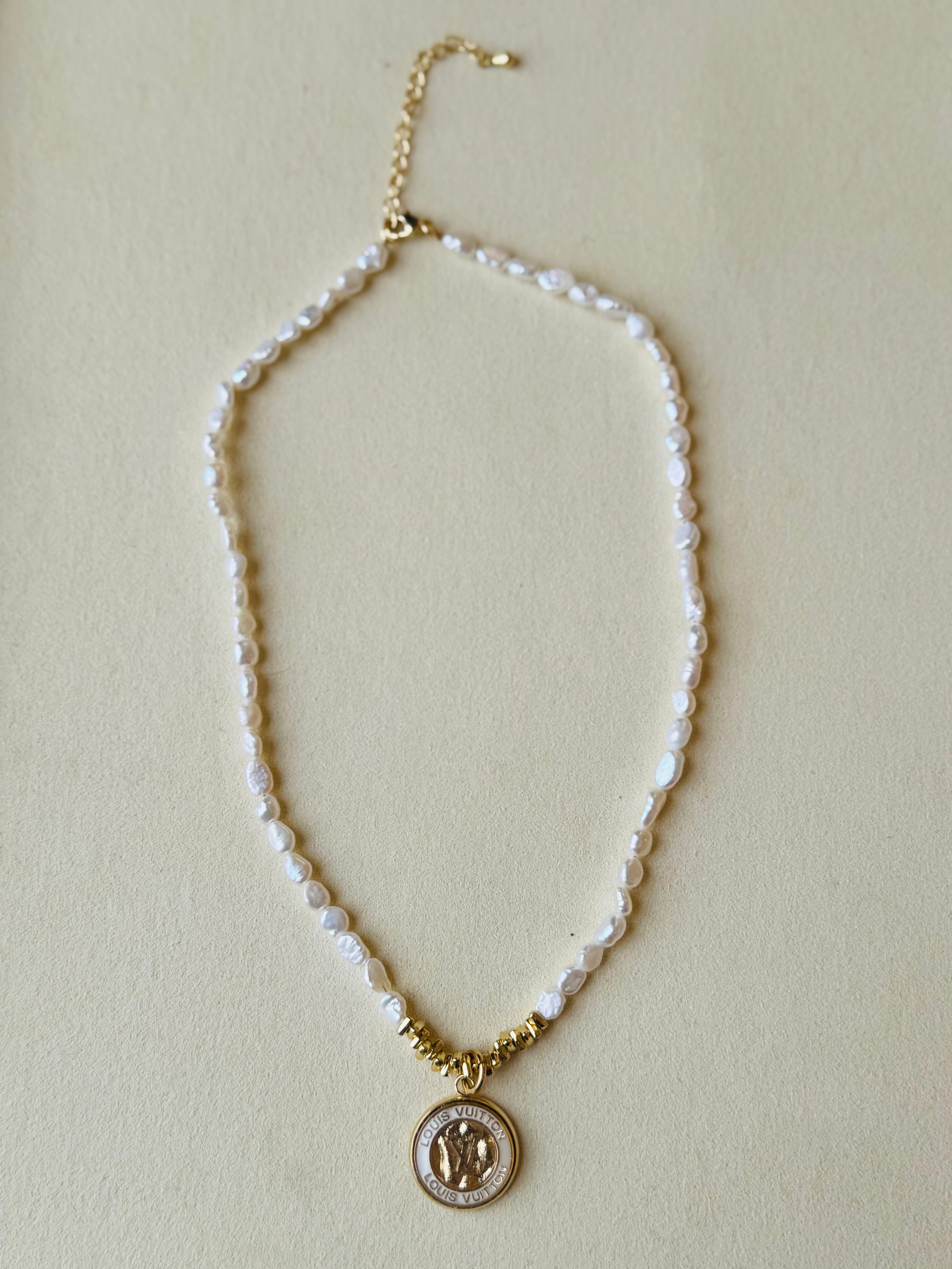 Julie Kreamer Classic Upcycled LV White/Enamel & Pearl Necklace N#27