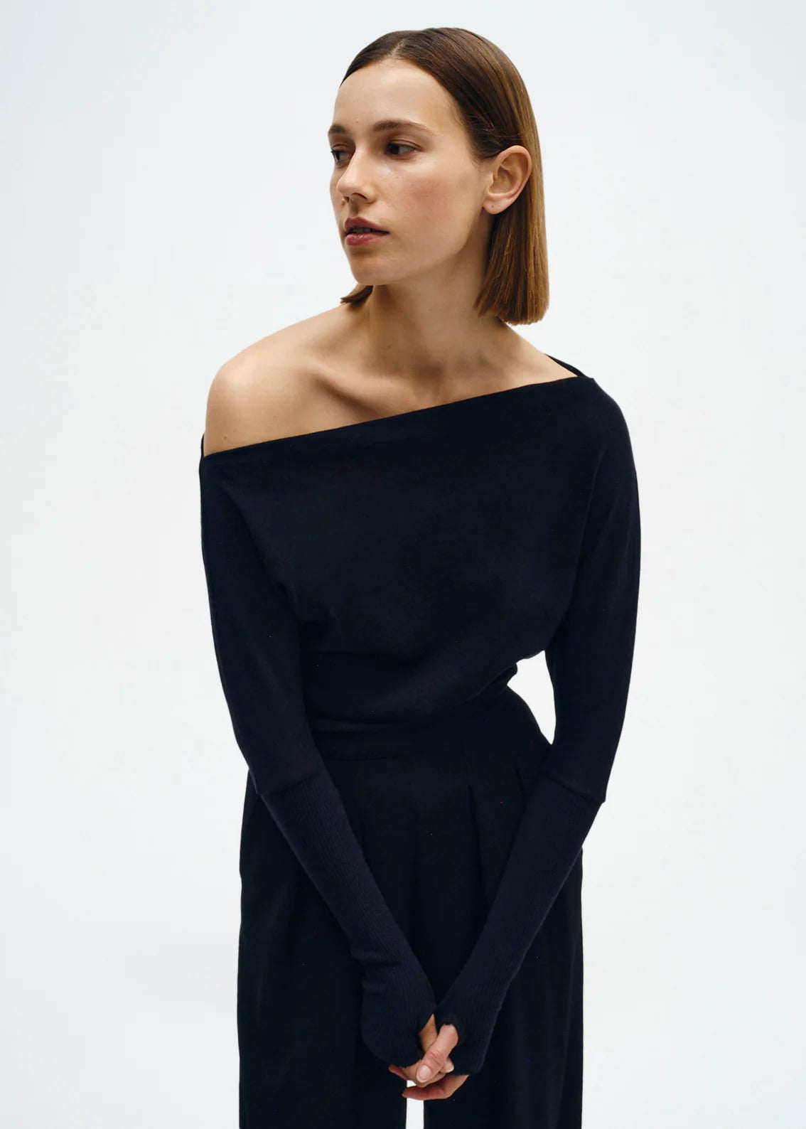 Enza Costa Cashmere Cuffed Off Shoulder Black 3547