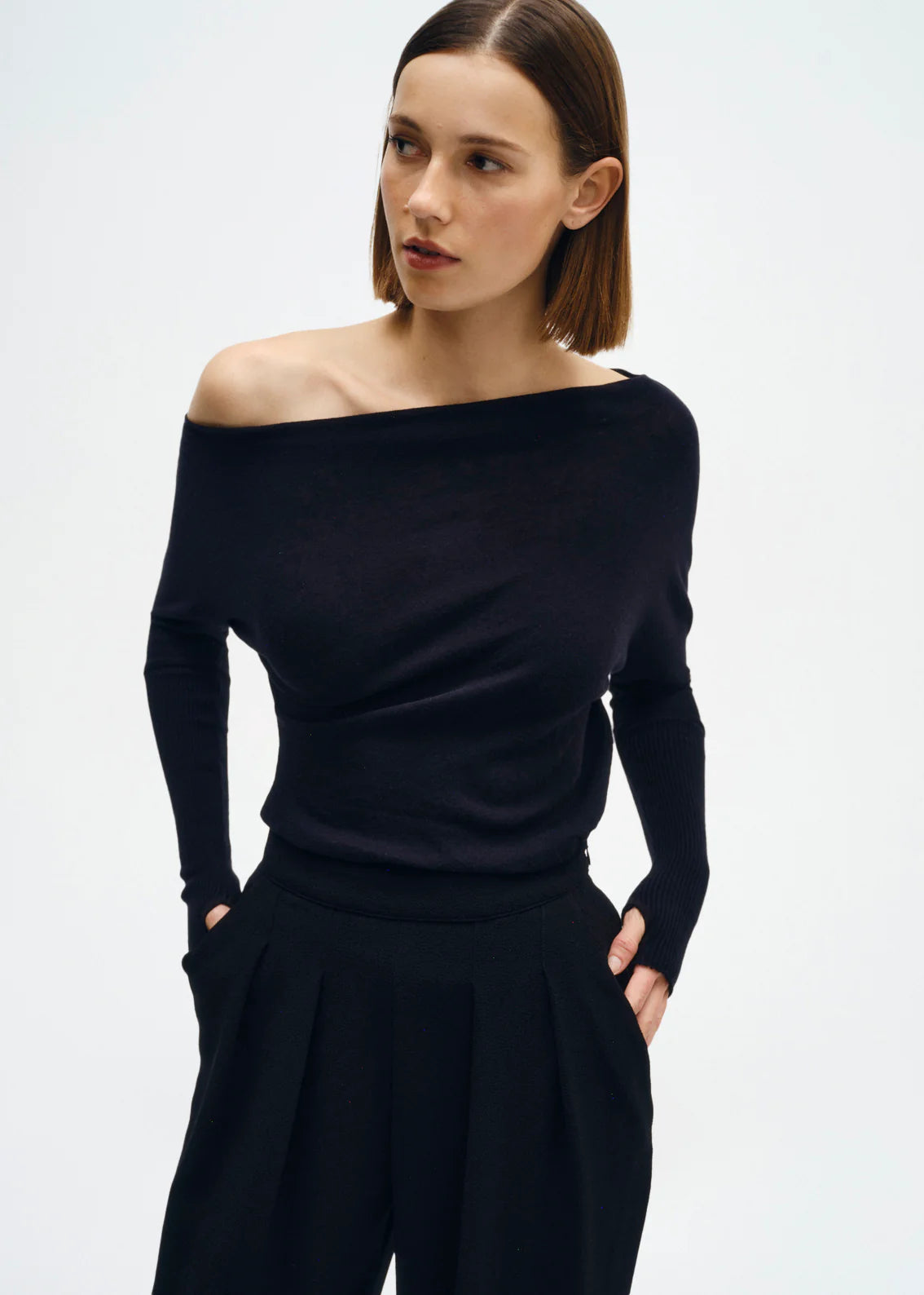 Enza Costa Cashmere Cuffed Off Shoulder Black 3547