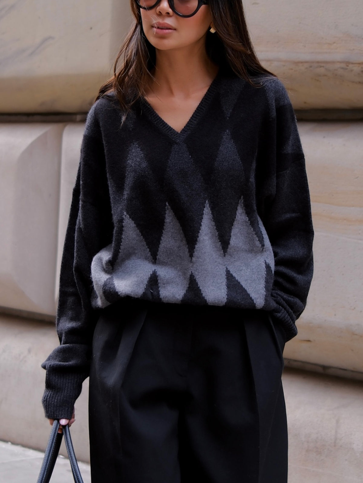White + Warren Cashmere Argyle Oversized V Neck 21970