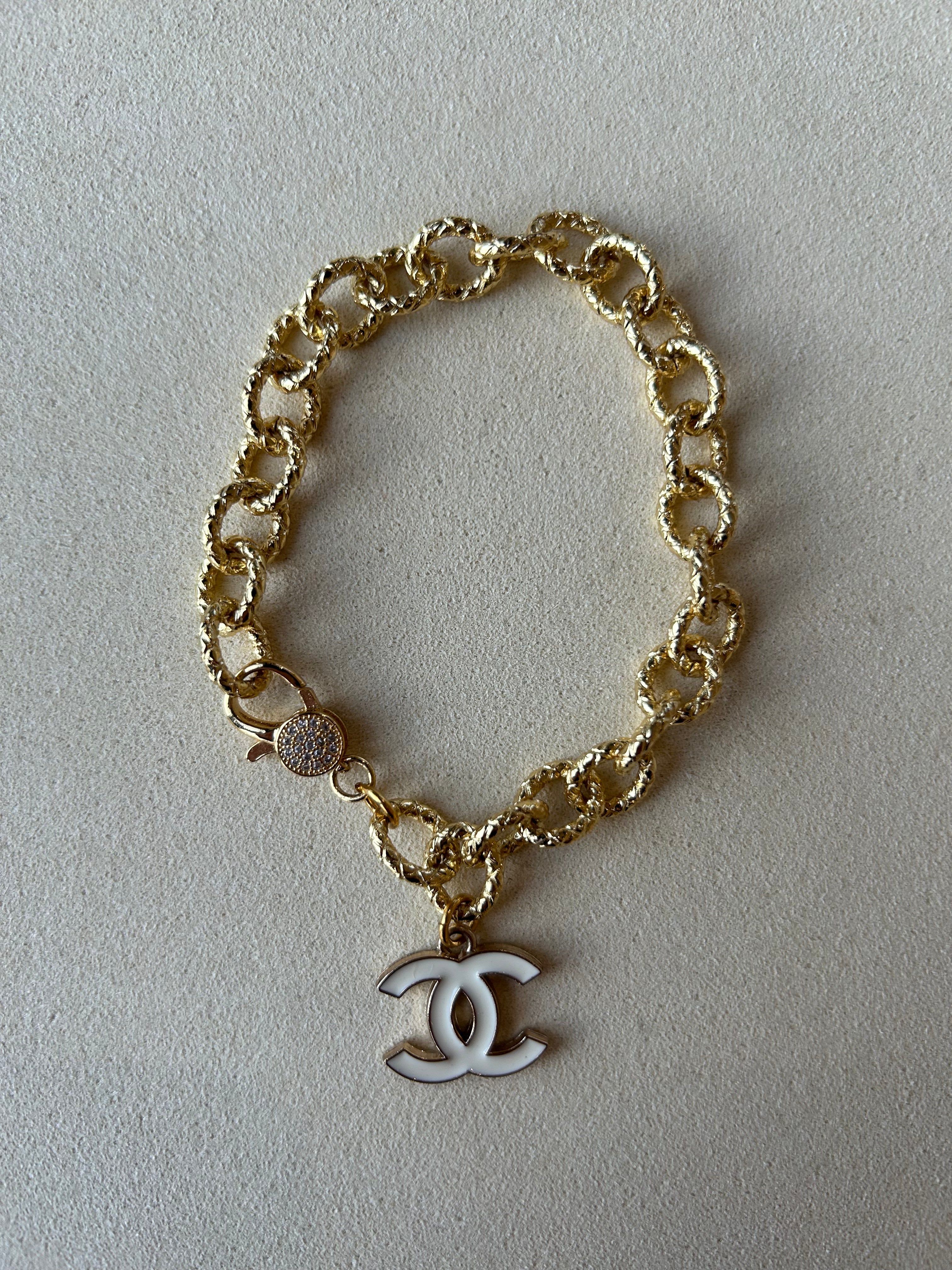 Julie Kreamer Gold Chain Link Bracelet /White Charm B#6