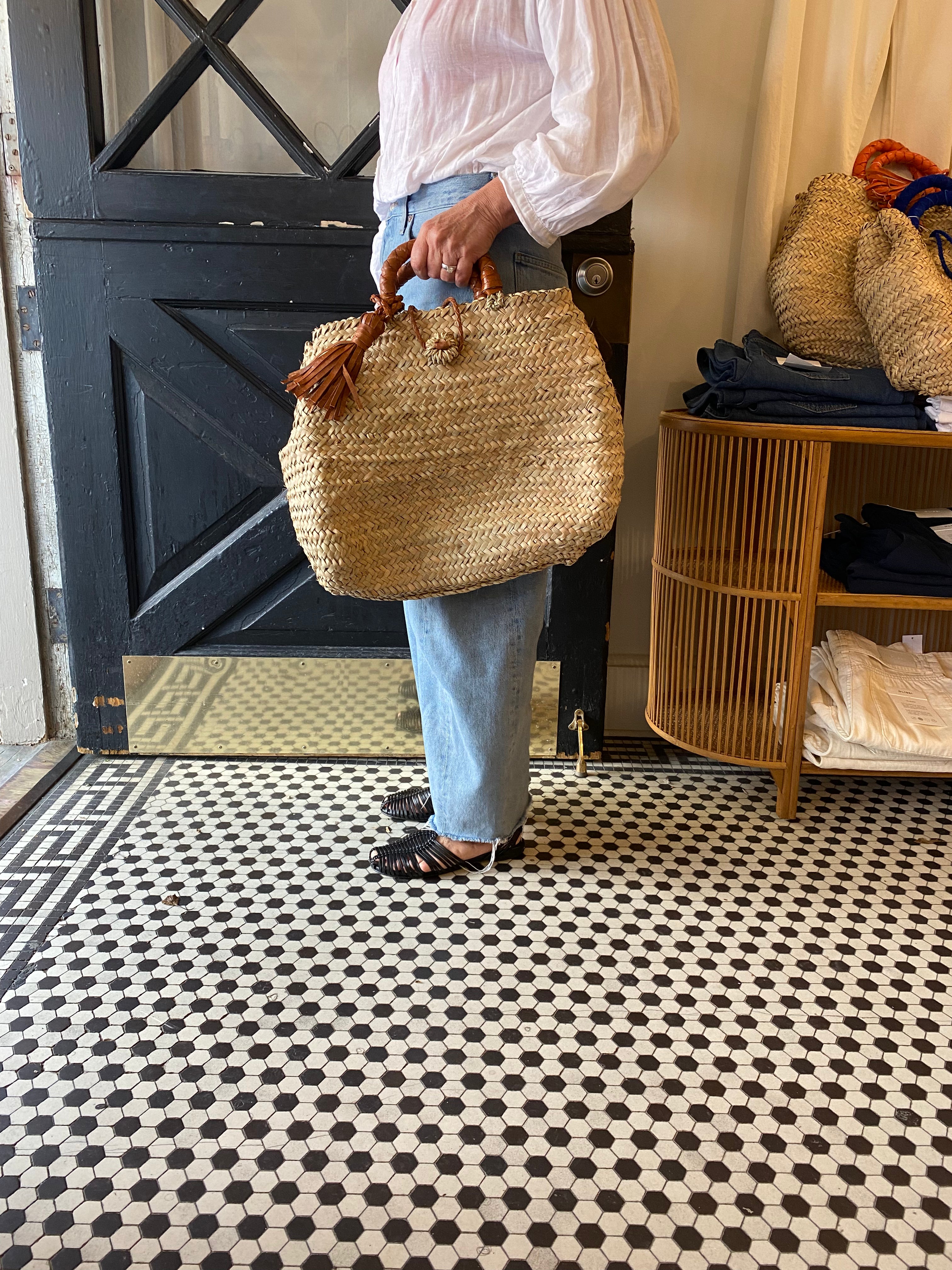 French Market Bags Straw Tote Bag with Leather Straps