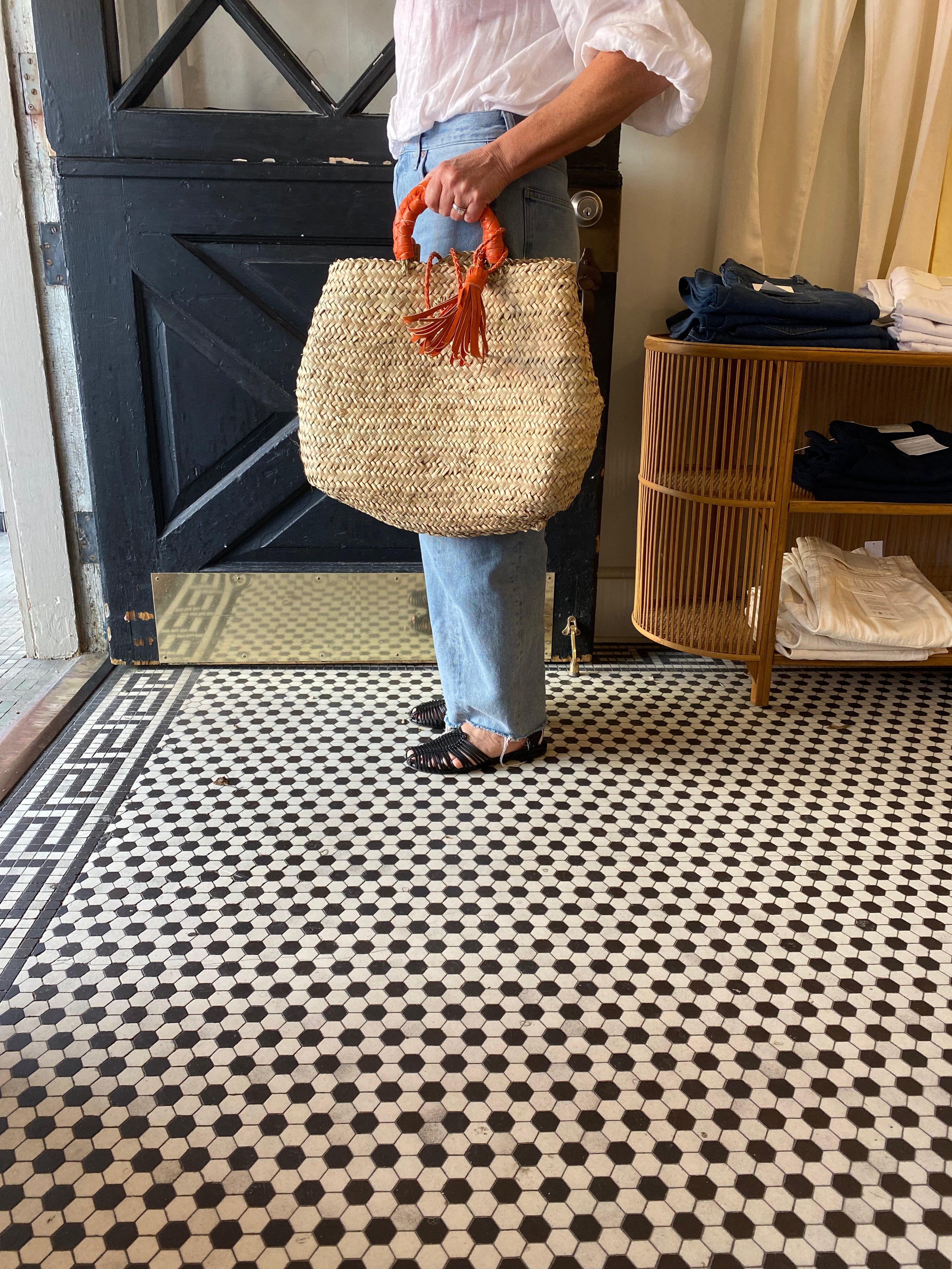 French Market Bags Straw Tote Bag with Leather Straps