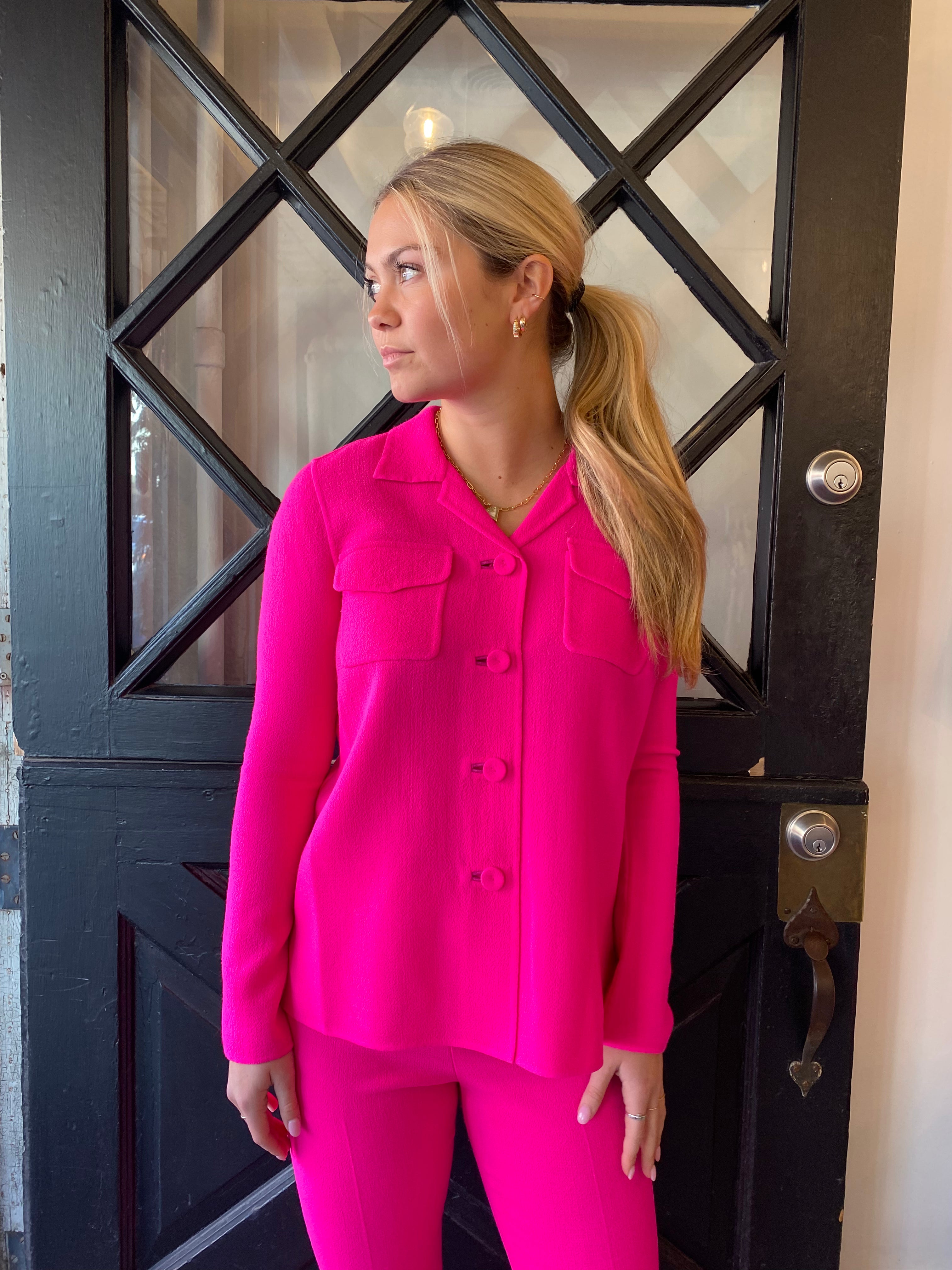 Ann Mashburn Fiona Shirt Jacket in Fluorescent Pink Stretch Wool Crepe
