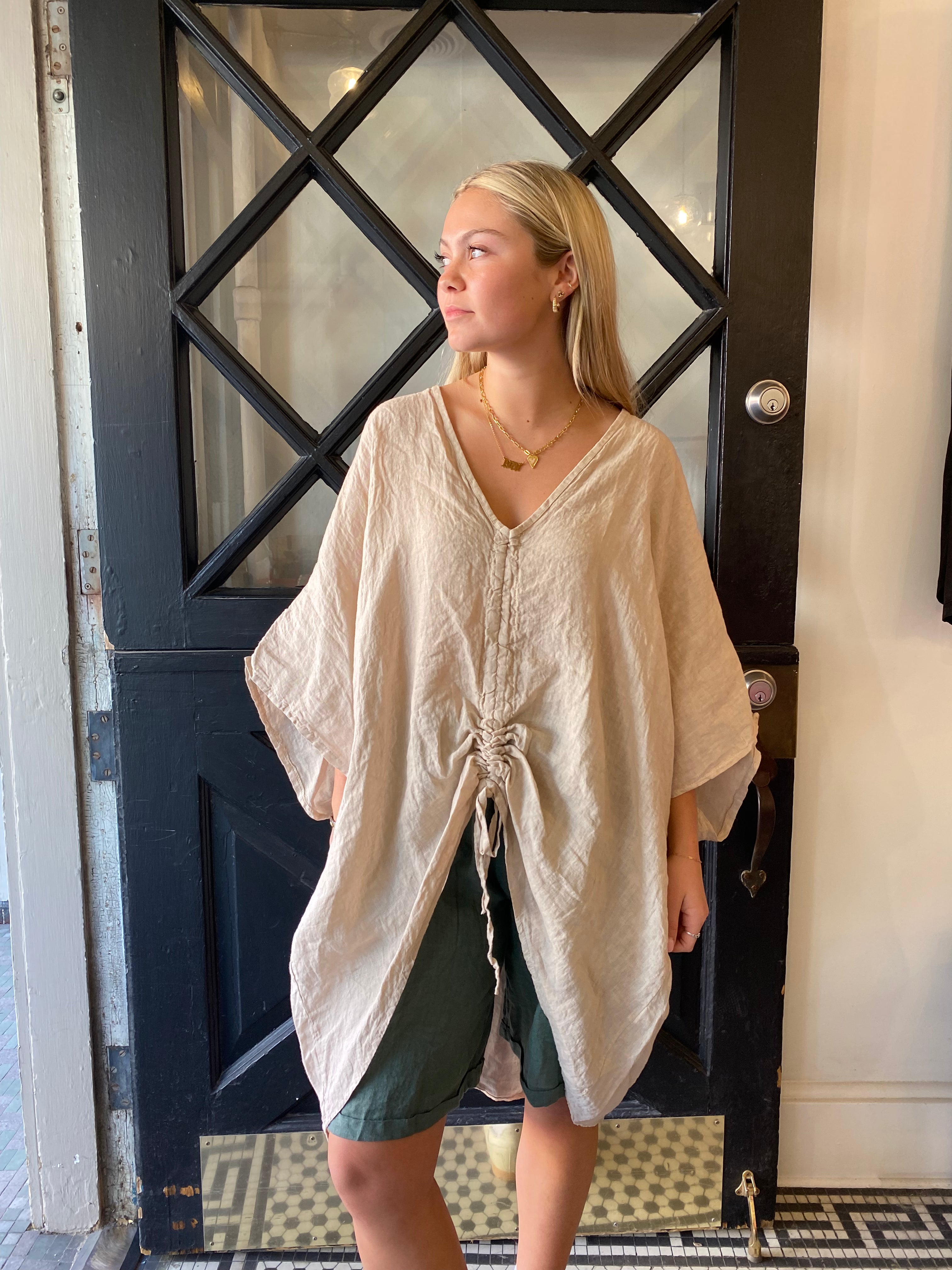 European Linen Collections Ruched Front Linen Oversized Shirt 7069