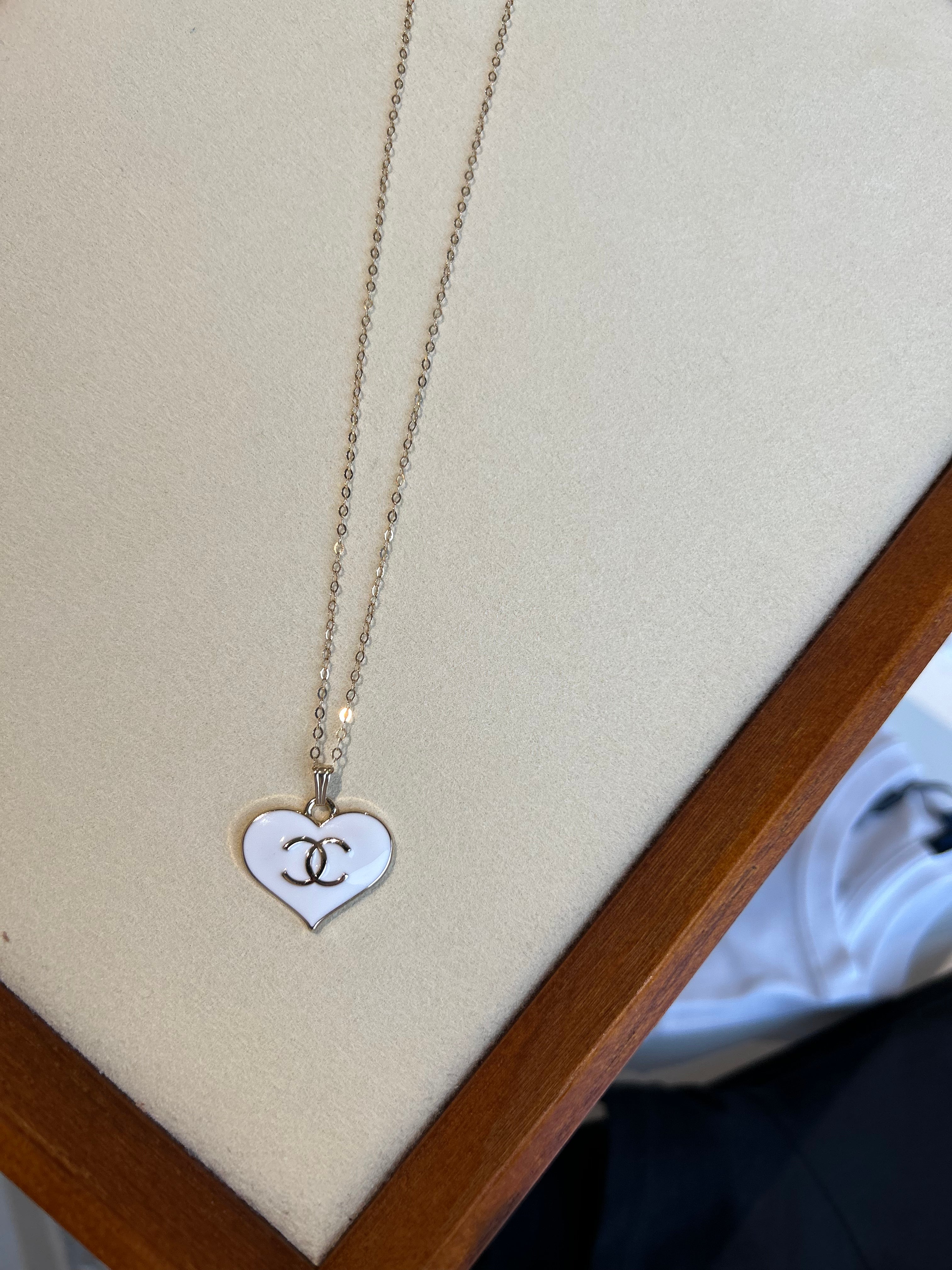 Luxury Upcycled Double "C" Pearl White Heart 14k Gold Filled Flat Cable Necklace 1108