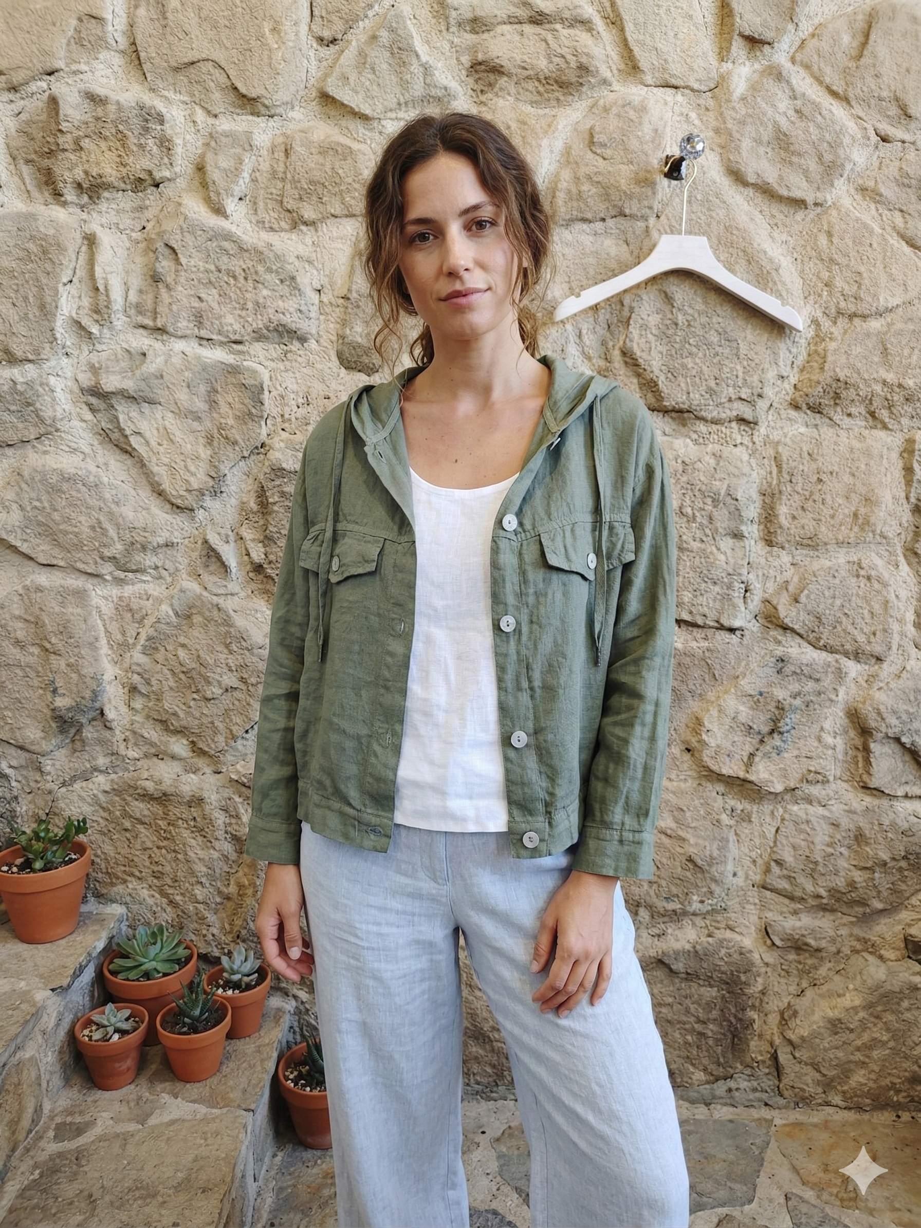 European Linen Front Pocket with Hood T-shirt 224150