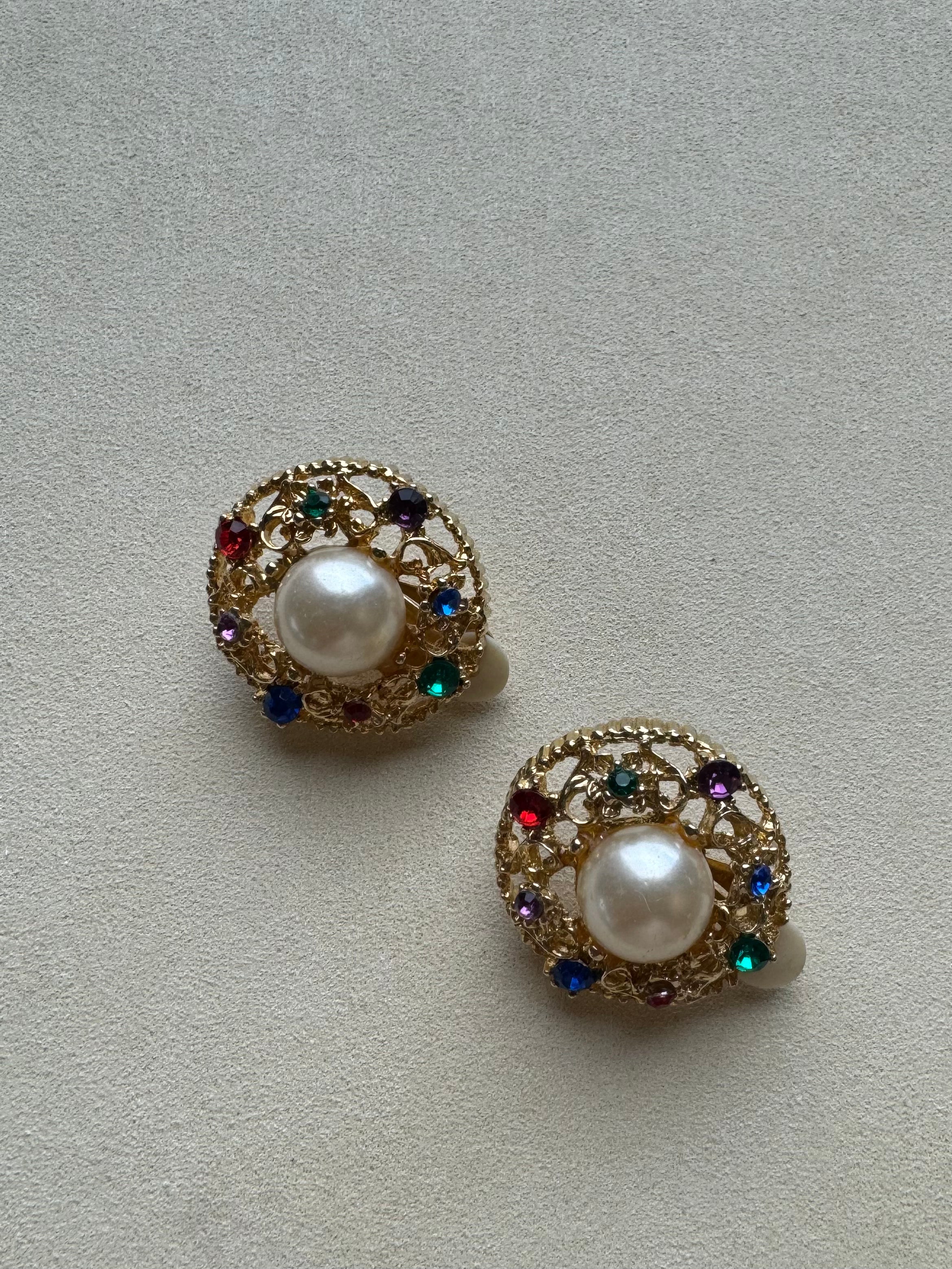 Paris Flea Market #31 Gold, Pearl, and Rainbow clip on Earrings