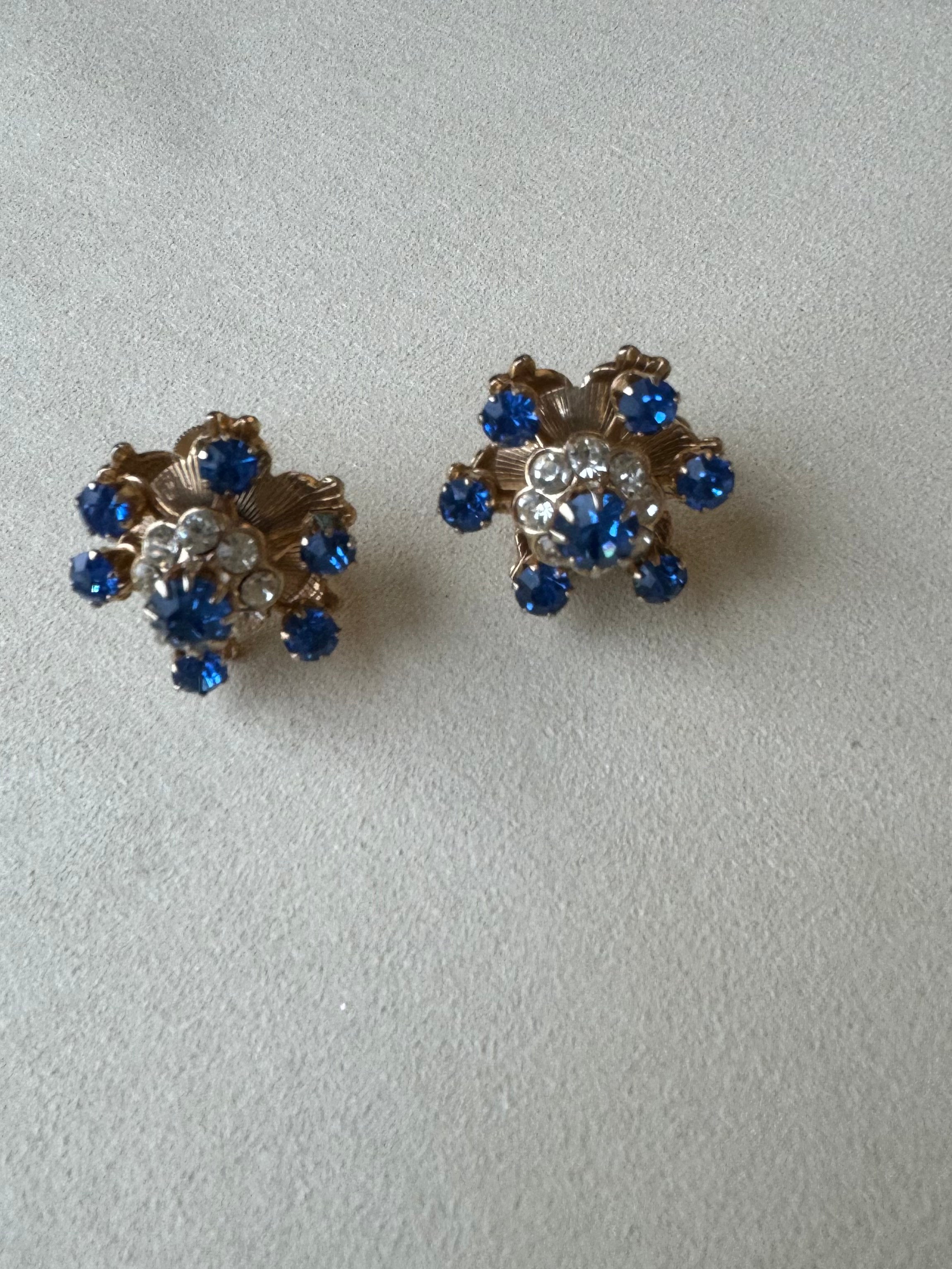 Paris Flea Market #32 Blue and Crystal screw on Earrings