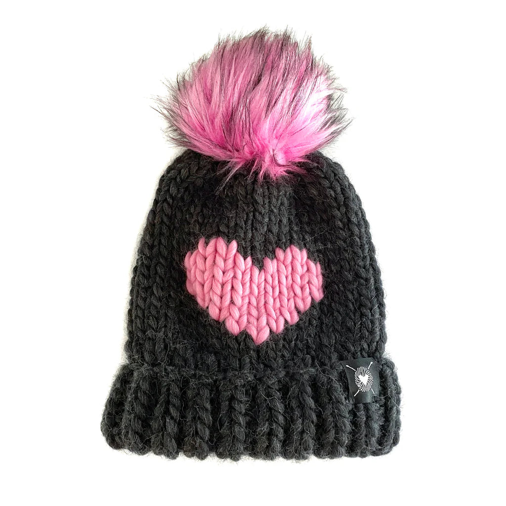 Nickichicki Luxury Big Heart Pom-Pom Beanie in Almost Black + Cotton Candy