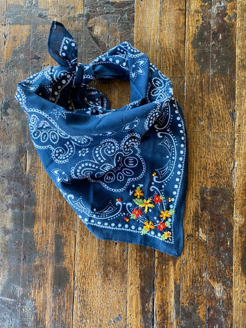 Little Lamb Embroidered Navy Bandana With Bright Flowers