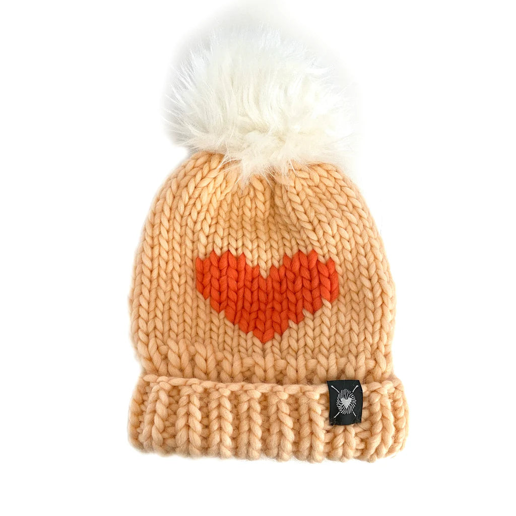 Nickichicki Luxury Big Heart Beanie in Peach Dust + Neon Coral