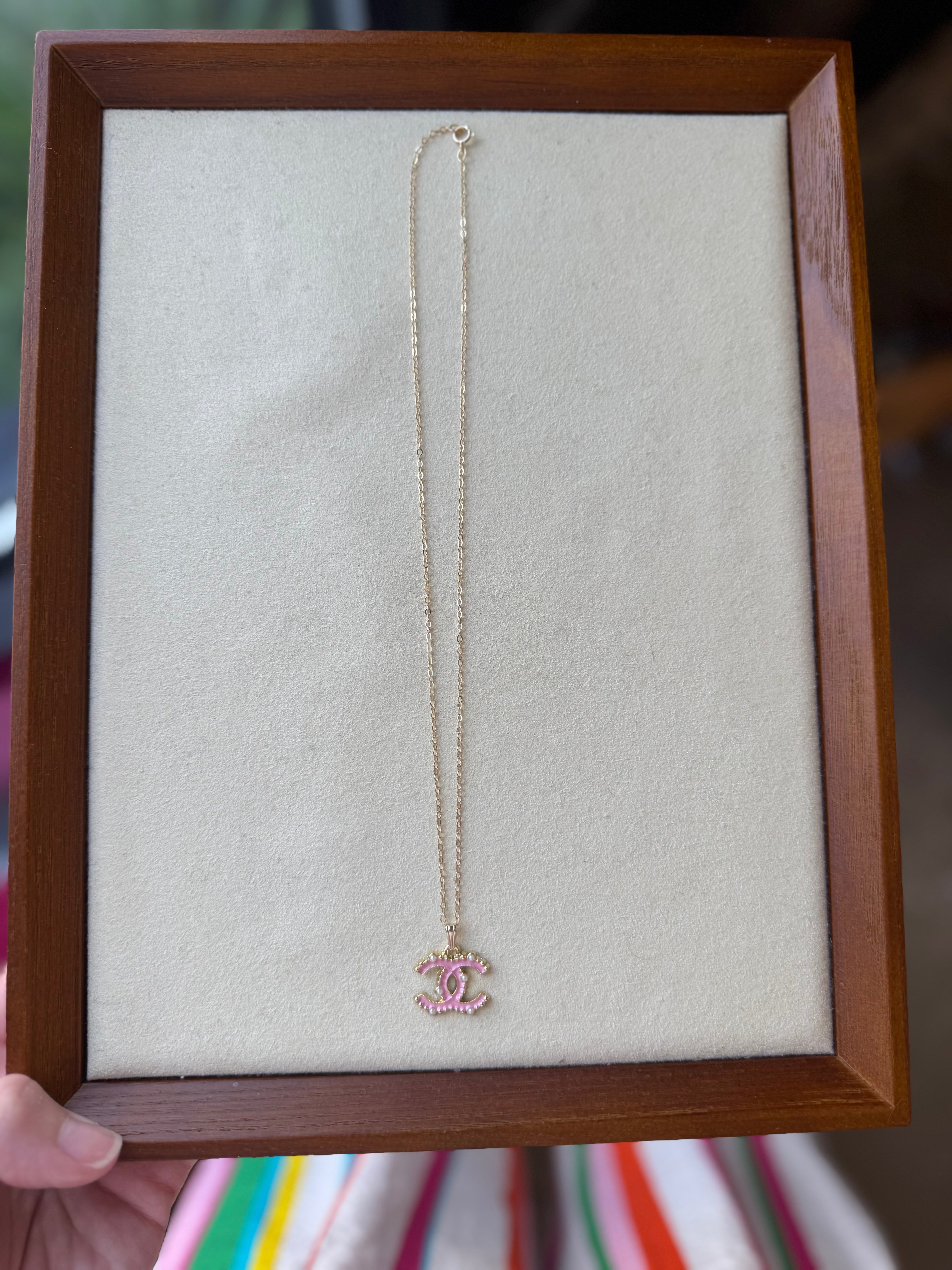 Luxury Upcycled Pink Double "C" with Jewel Detail 14K Gold Cable Necklace 1061
