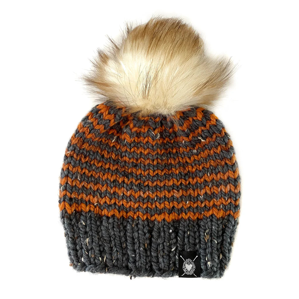 Nickichicki Skinny Stripe Faux Fur Pom-Pom Beanie in Autumn Twist