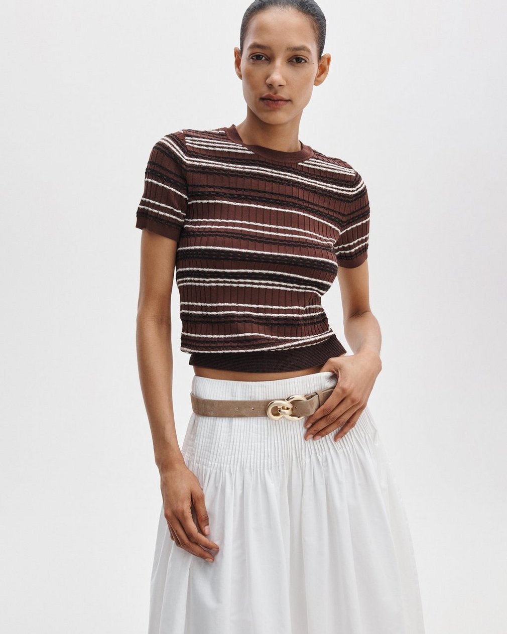 Rag & Bone Karina Striped Short-Sleeve Sweater Mahogany