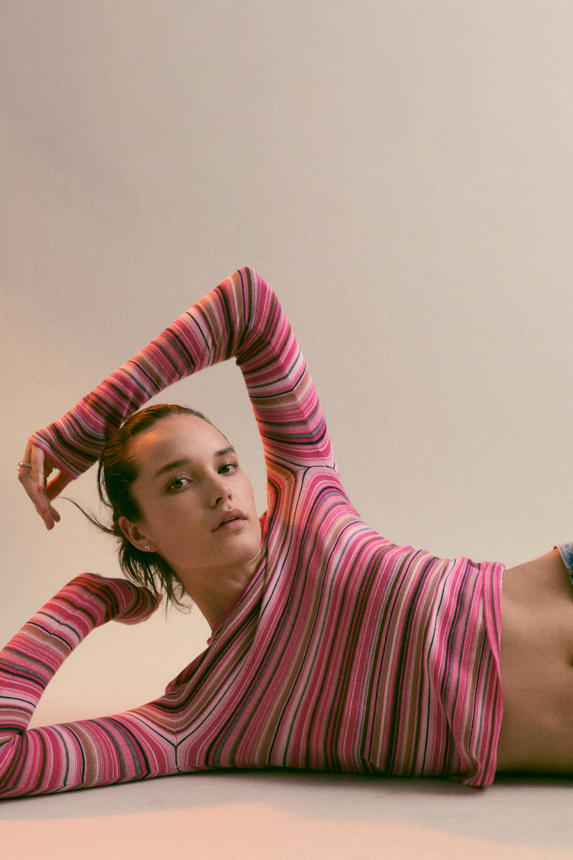 Pistola Madison Long Sleeve Crew Neck Sweater - Pink Brown Multi Stripe