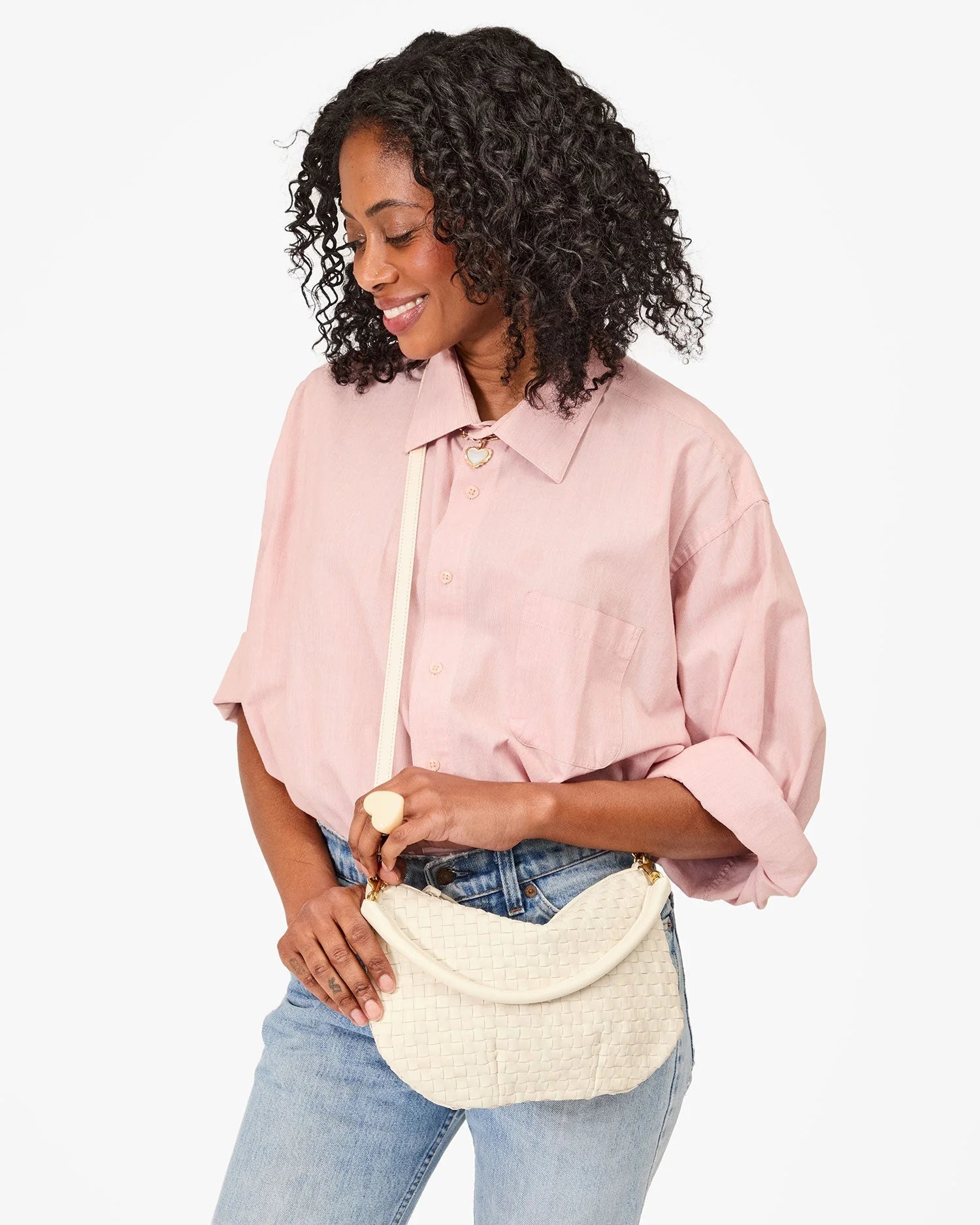 Clare V. Petit Moyen Messenger Woven Checker Cream HB-SH-MB-100033