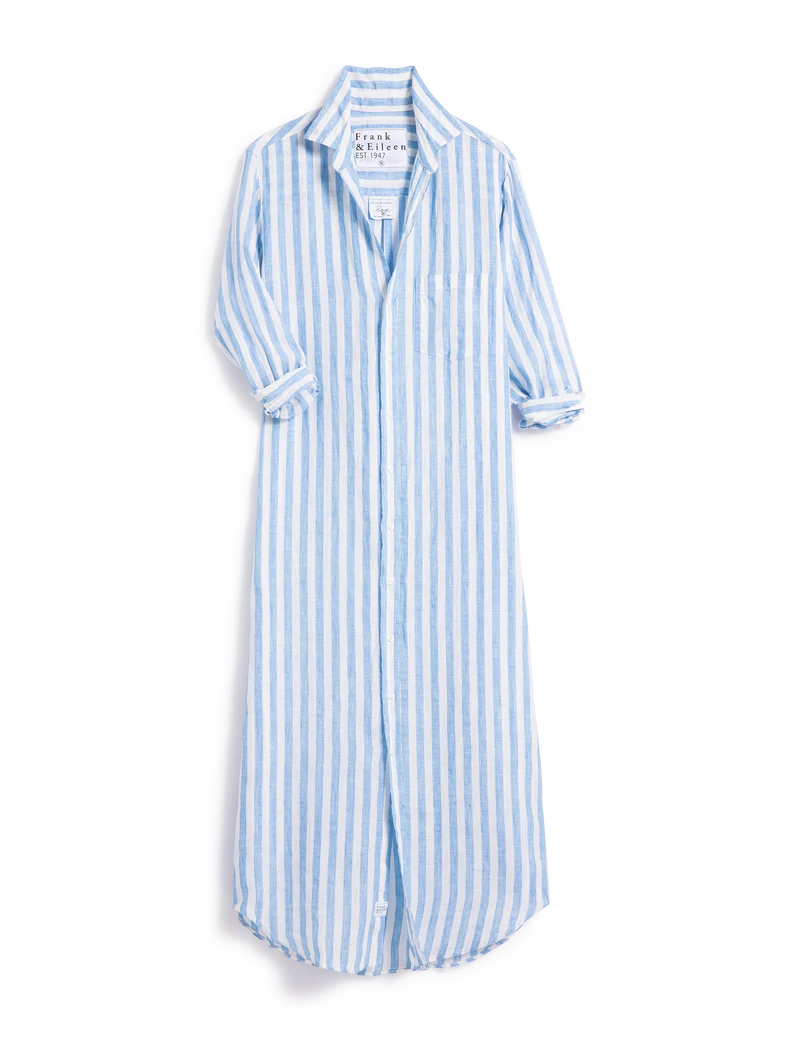 Frank & Eileen Rory Maxi Linen Shirtdress - Wide White Blue Stripe