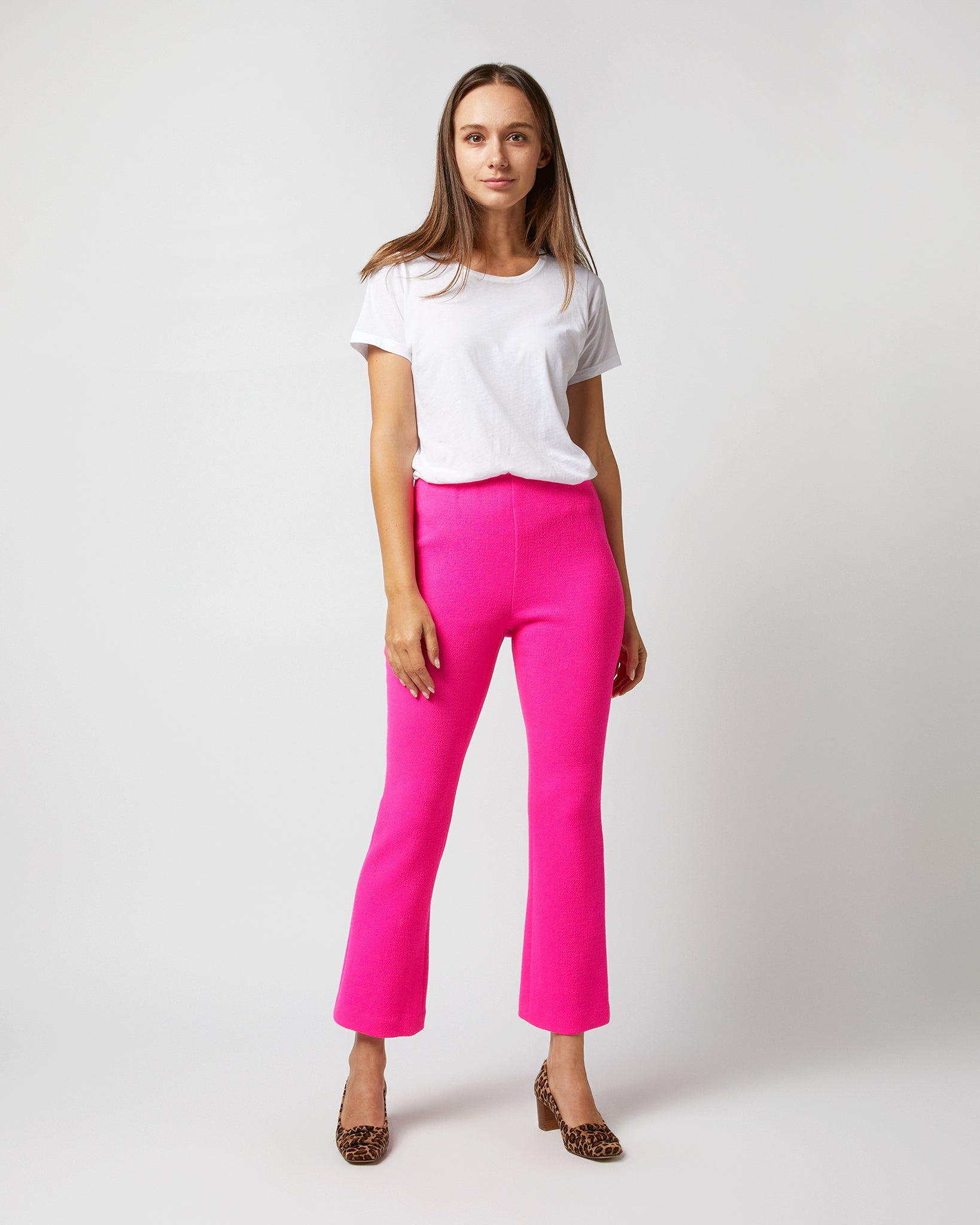 Ann Mashburn Faye Flare Cropped Pant in Fluorescent Pink Stretch Wool Crepe