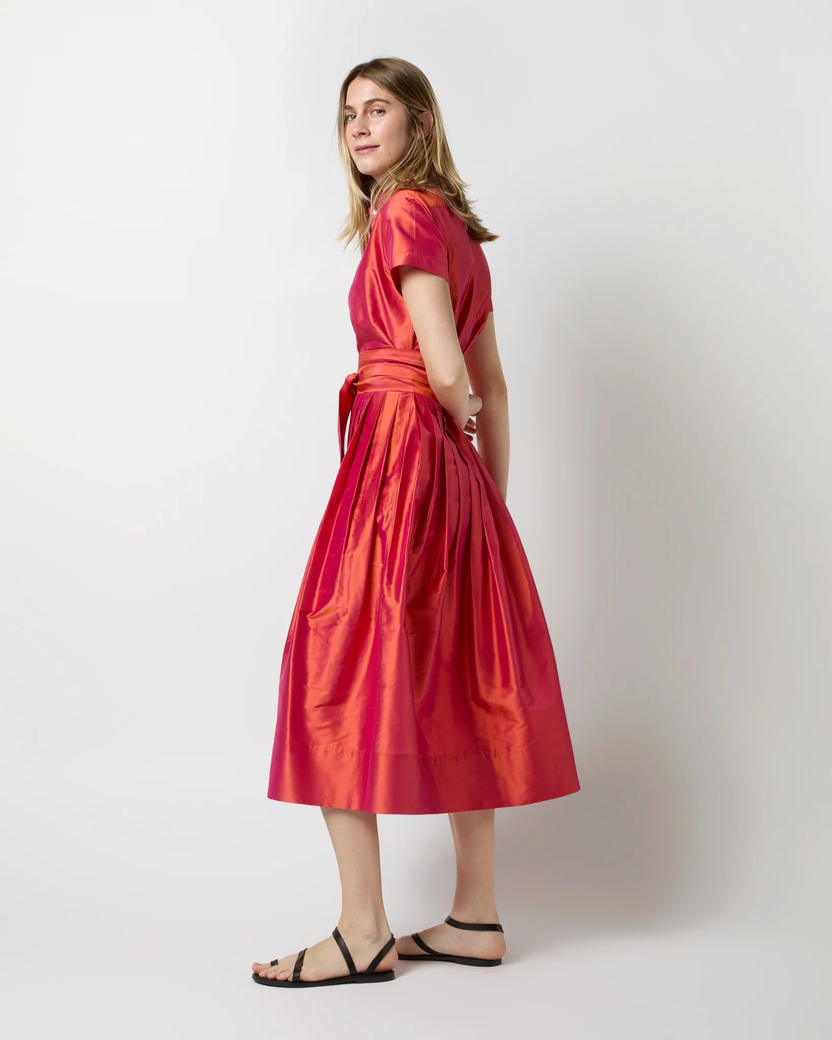 Ann Mashburn Short Sleeved Classic Shirtwaist Dress Iridescent Silk Shantung