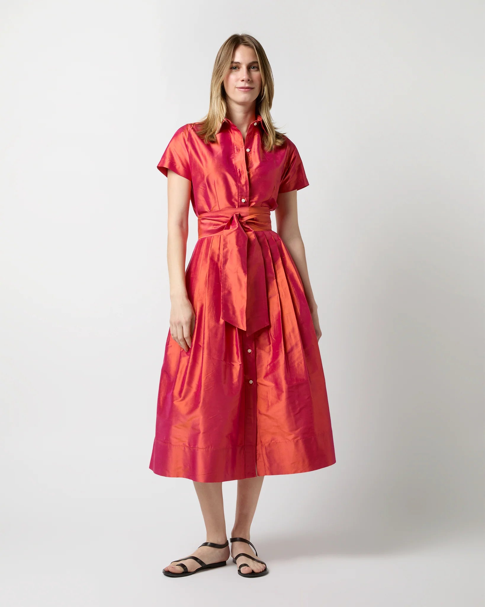 Ann Mashburn Short Sleeved Classic Shirtwaist Dress Iridescent Silk Shantung