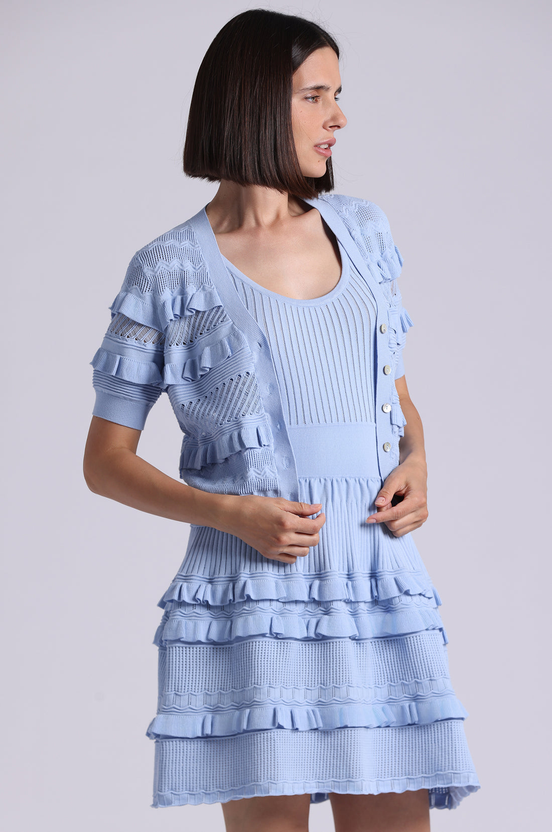 Minnie Rose Pointelle Ruffle Cropped Cardi