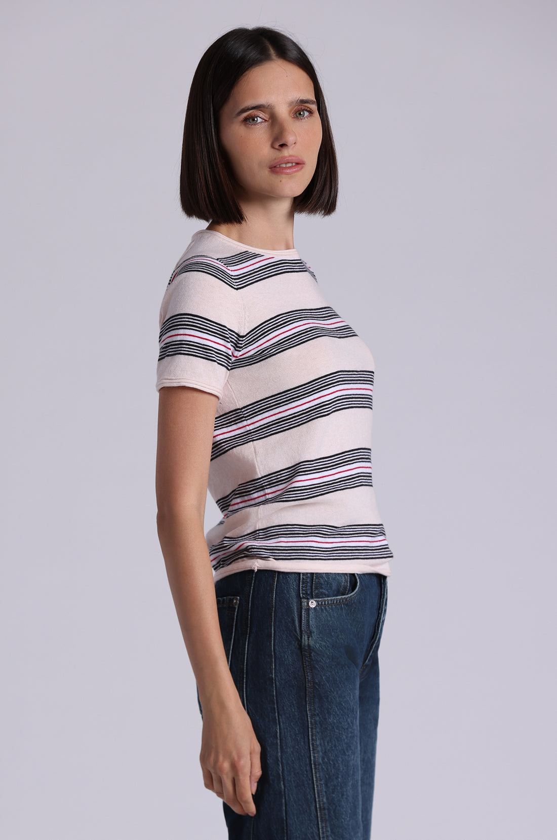 Minnie Rose Cotton Cashmere Striped Short Sleeve Crew - Lotus Combo