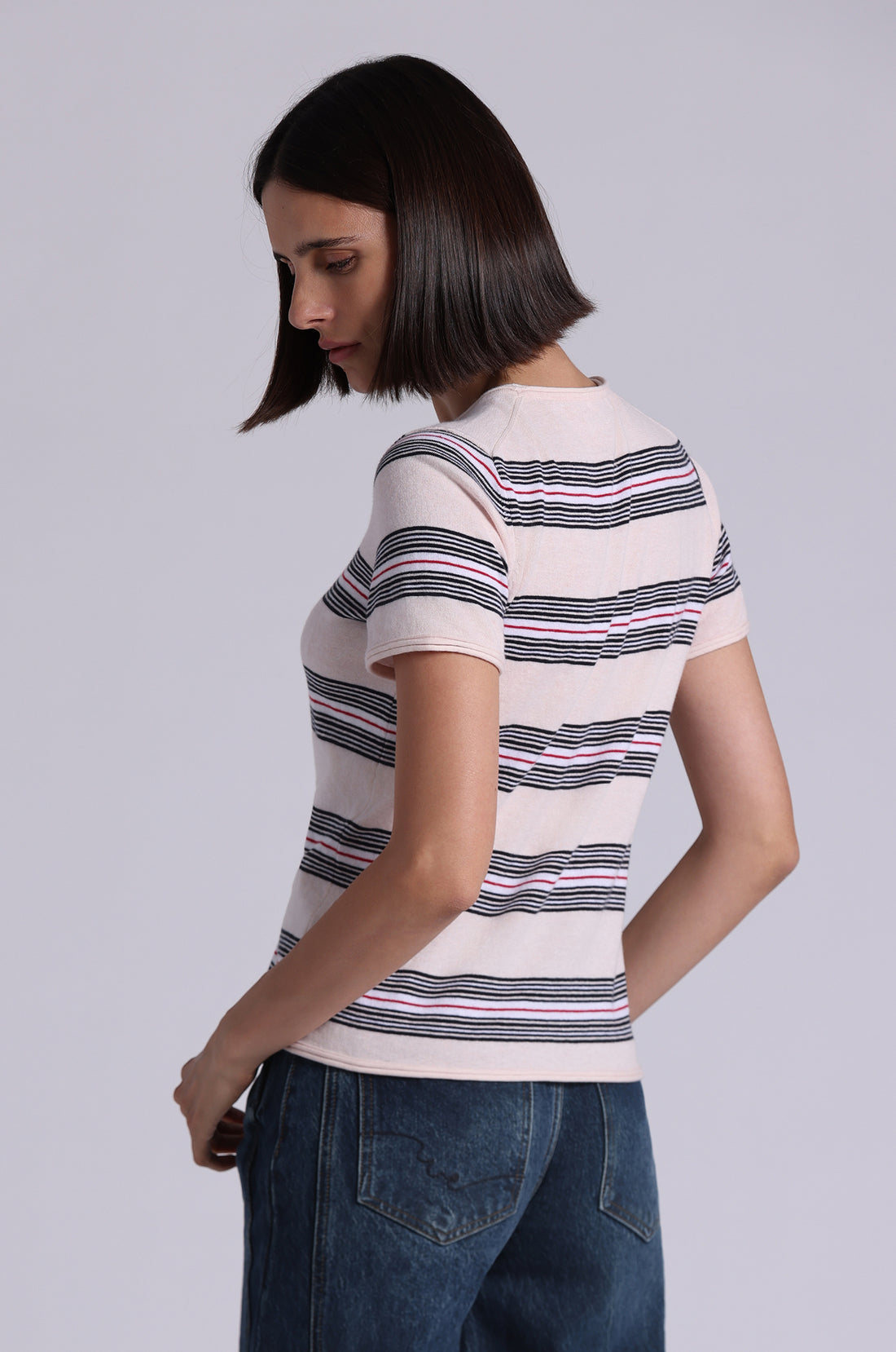 Minnie Rose Cotton Cashmere Striped Short Sleeve Crew - Lotus Combo