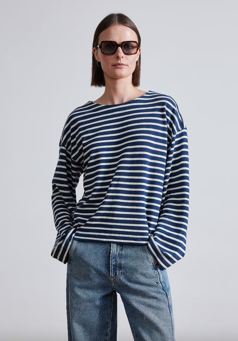 Apiece Apart Barca Long Sleeve Shirt Navy Cream Stripe