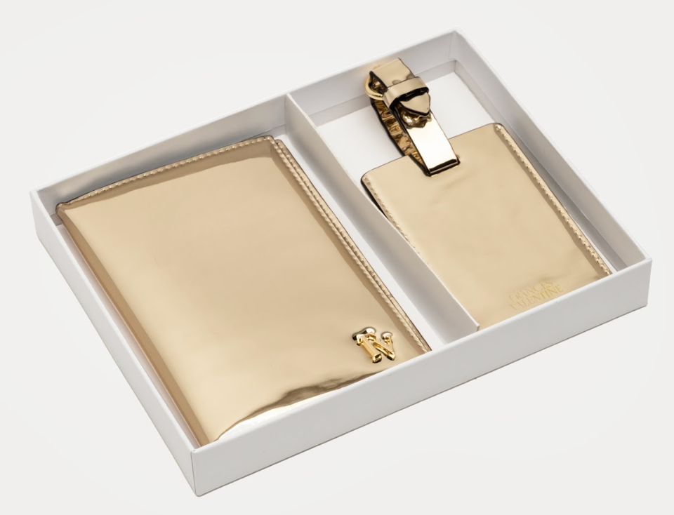 Frances Valentine Luggage Tag & Passport Holder Vegan Mirror Gift Set PVC Gold