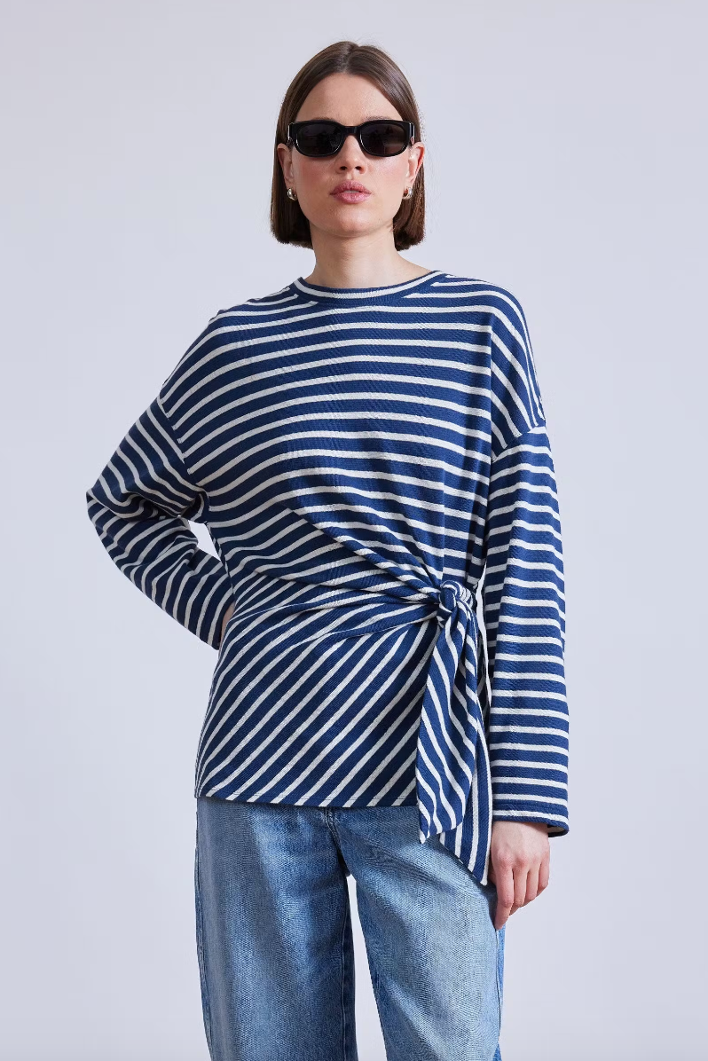 Apiece Apart Long Sleeve Vanina Top Navy and Cream Stripe