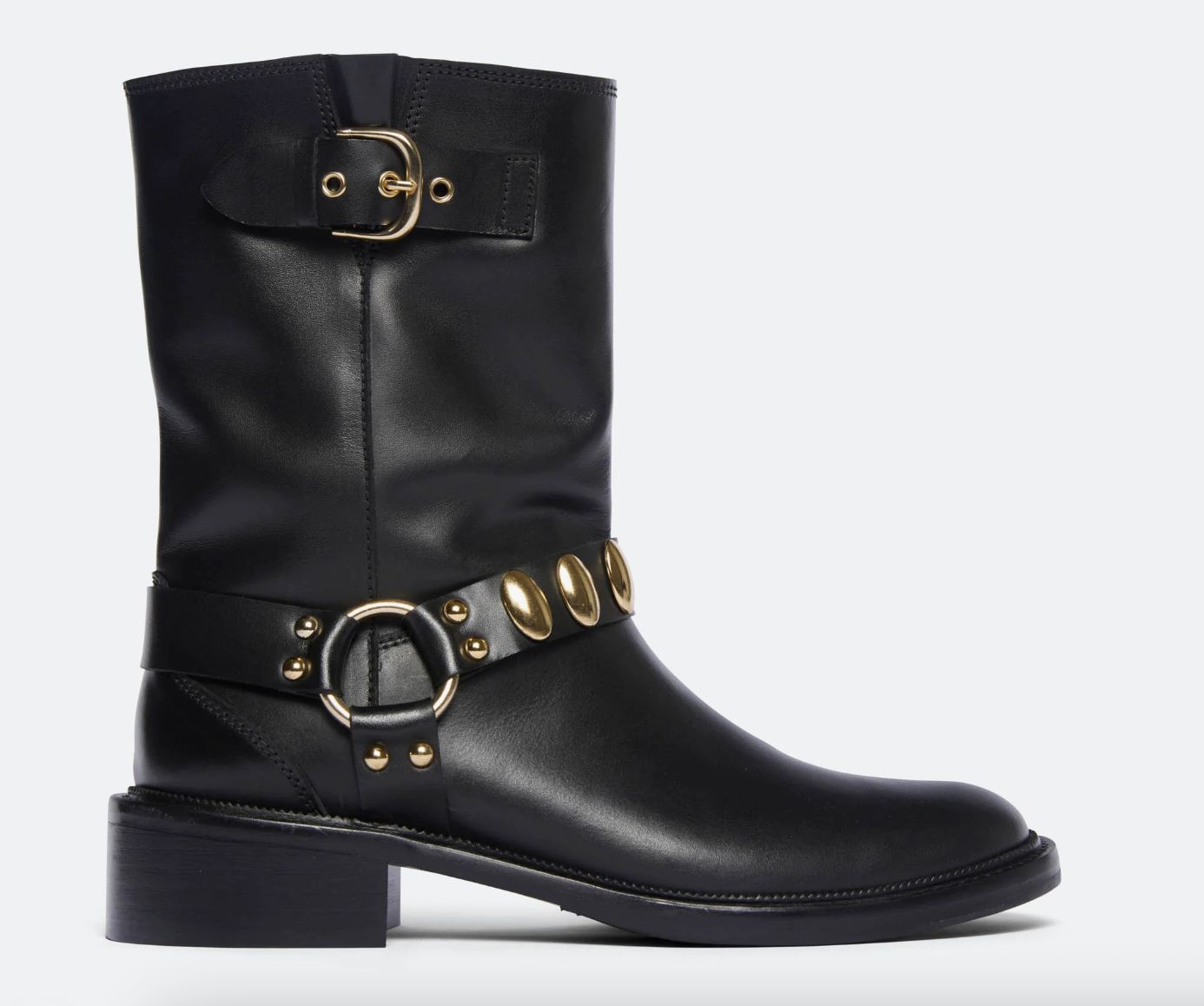 Freda Salvador AERI Black Calf Boot with Gold Hardware