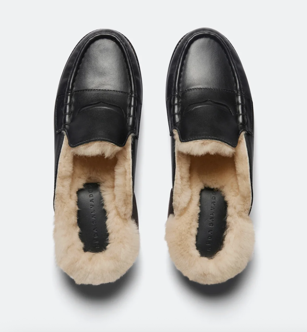 Freda Salvador TEMI Black Calf Penny Loafer with Shearling