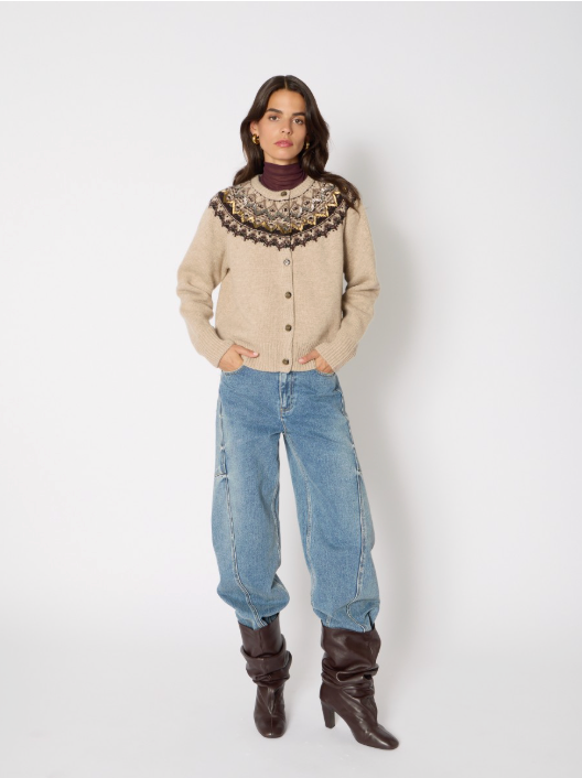 Berenice Mambowavy Cardigan with Jacquard and Pearl Embroidery